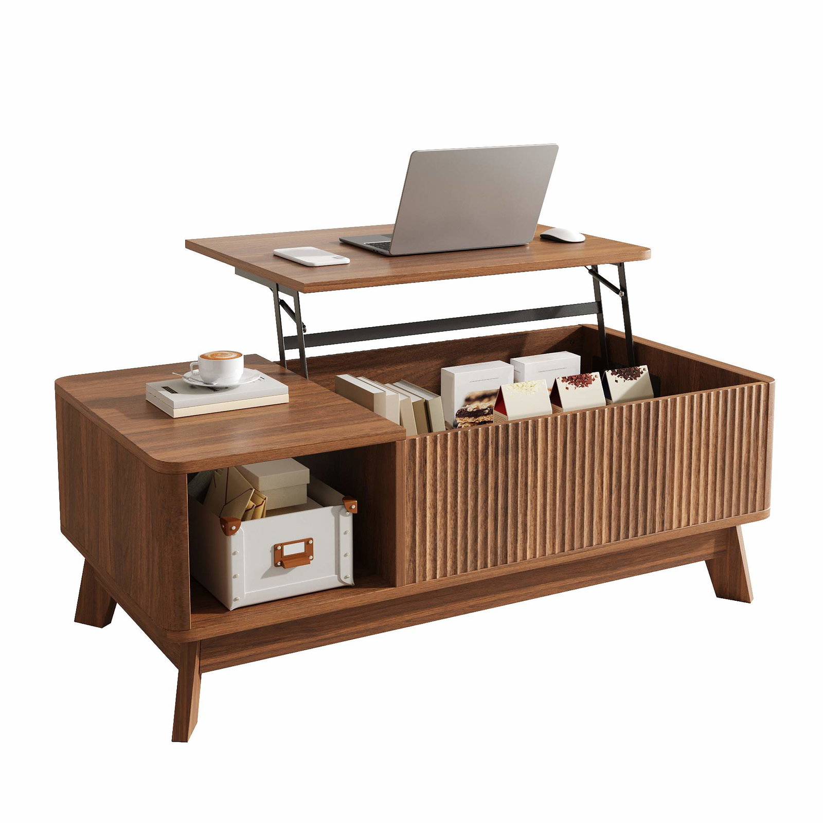 Sofabord med løfteplade, bølgedesign, MDF, valnød