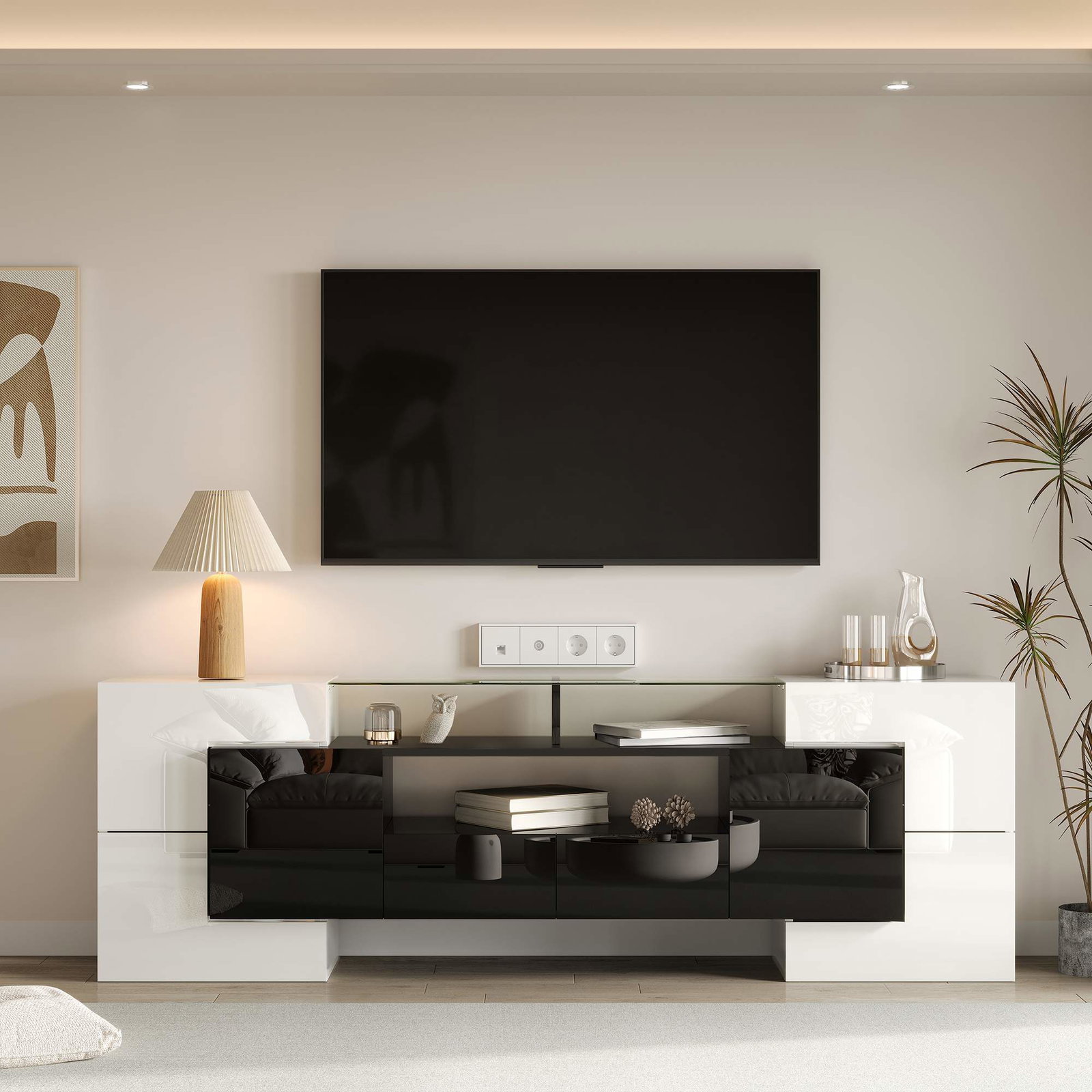 Moderne TV-bord med LED, blankt glas, 200 cm