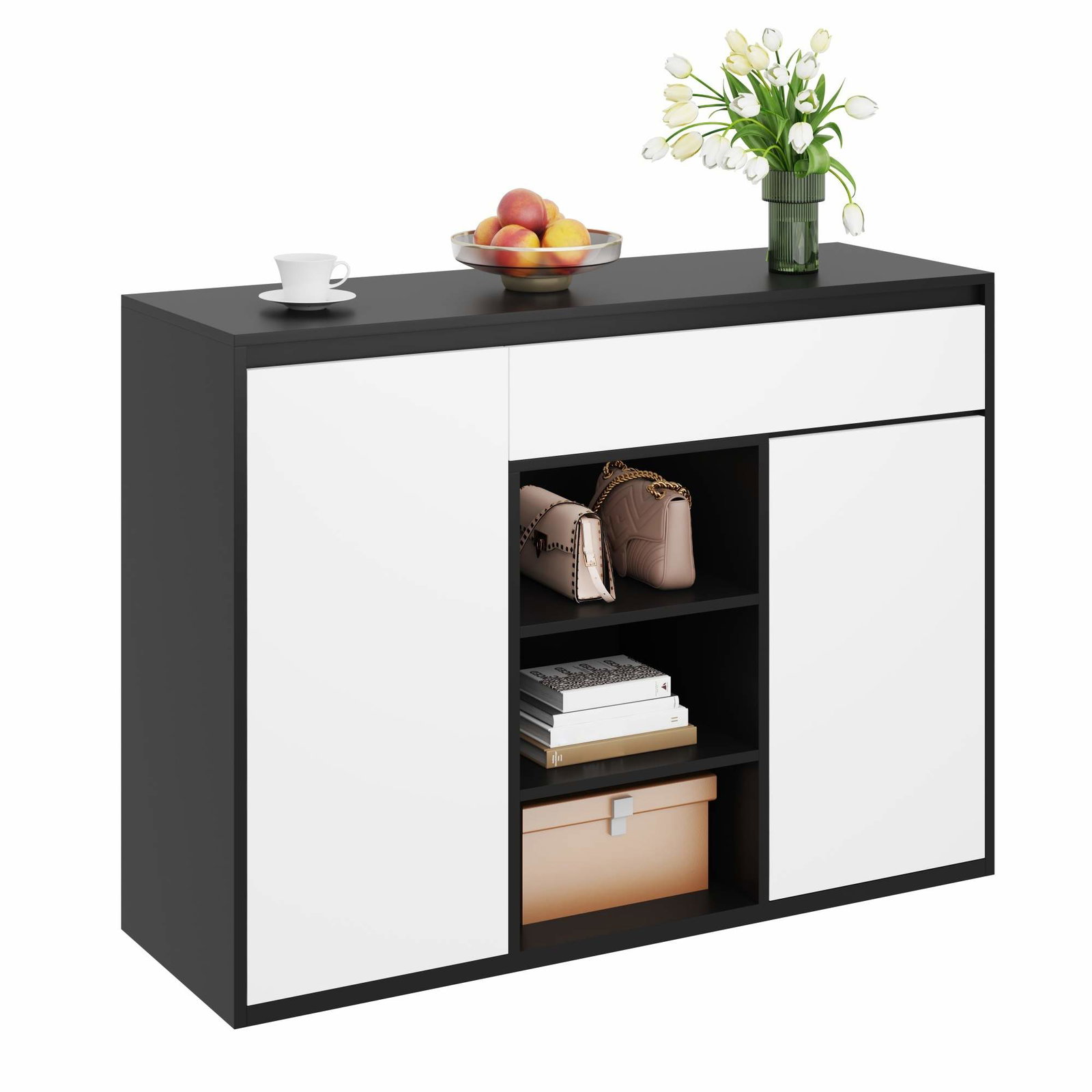Sort & hvidt skoskab – justerbare hylder, LED-lys