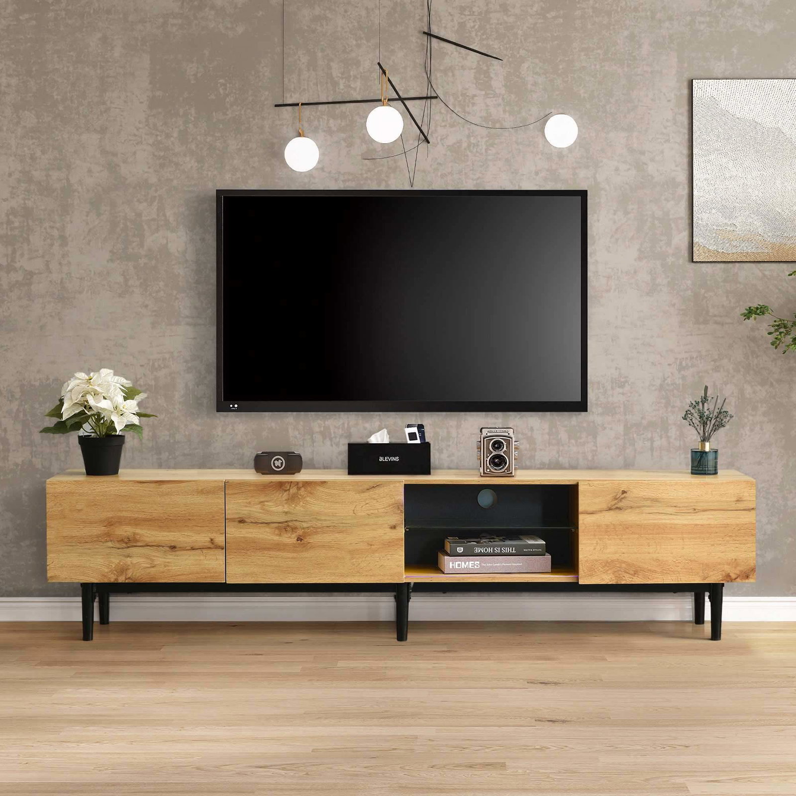 Moderne TV-bord med træstruktur, LED-lys, nem montering