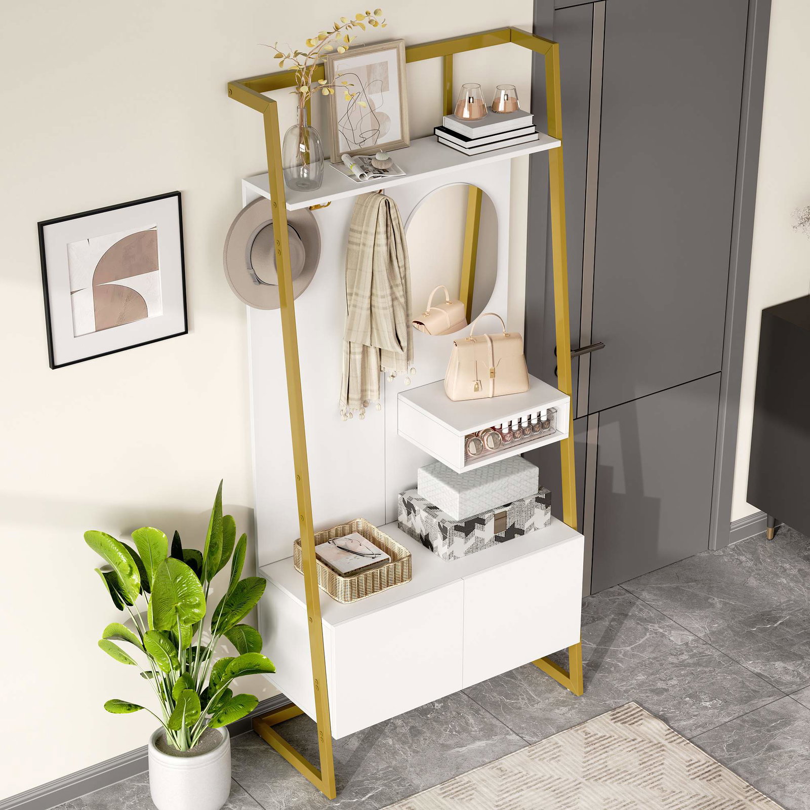 Kompakt garderobe med spejl, kroge, skoopbevaring
