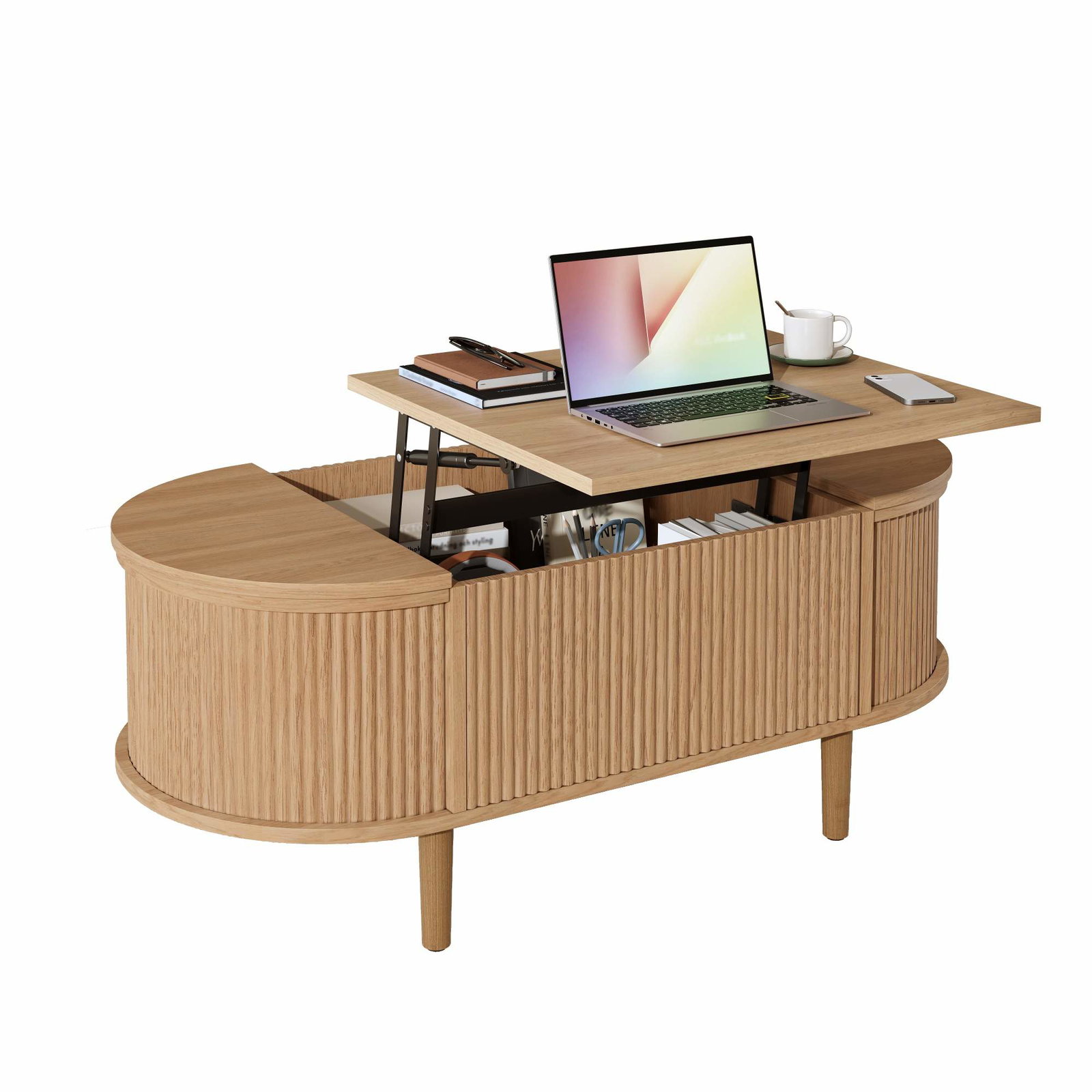 Justerbart ovalt sofabord med opbevaring – Vintage-stil