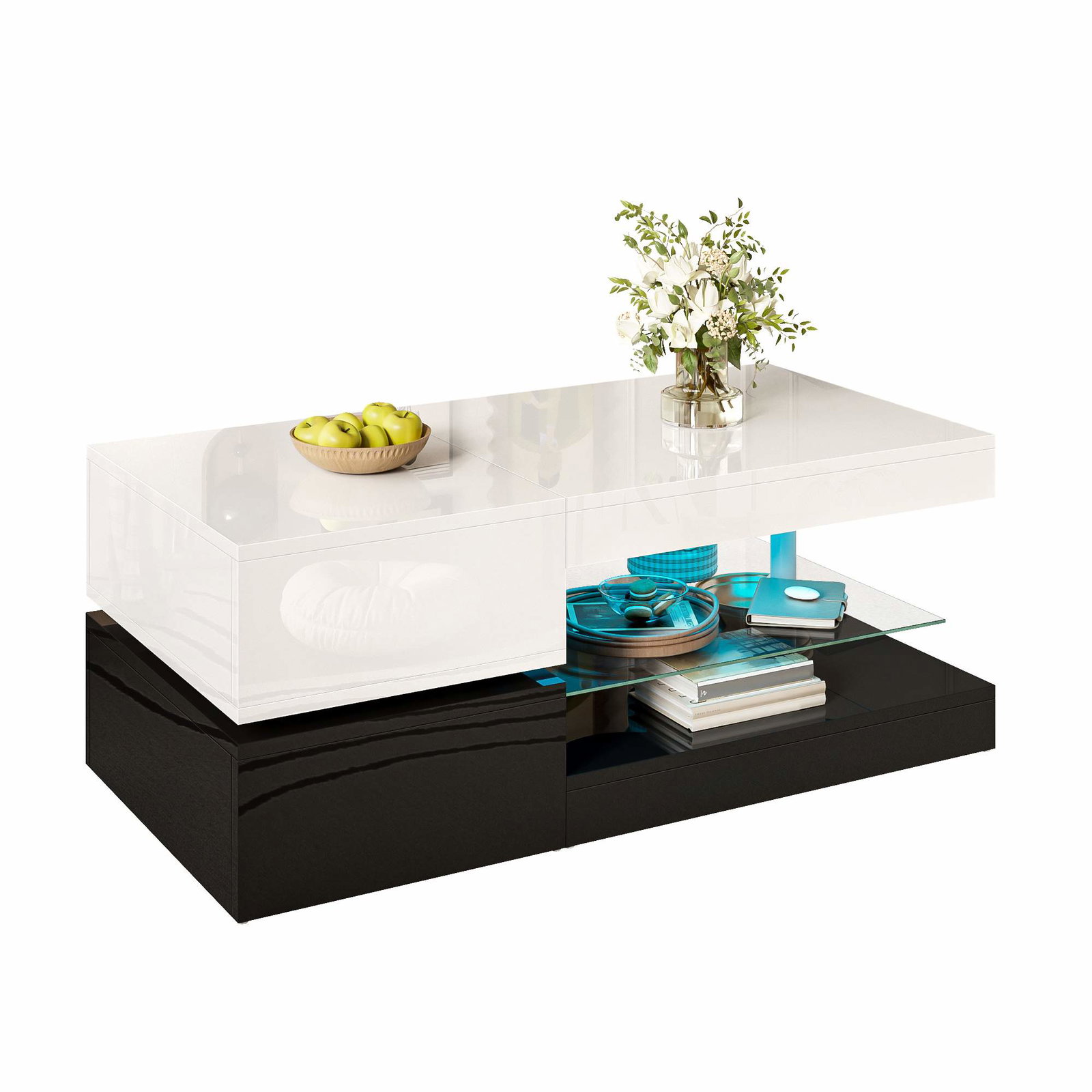 LED sofabord – sort & hvid, glashylde, 90x45x35,5 cm