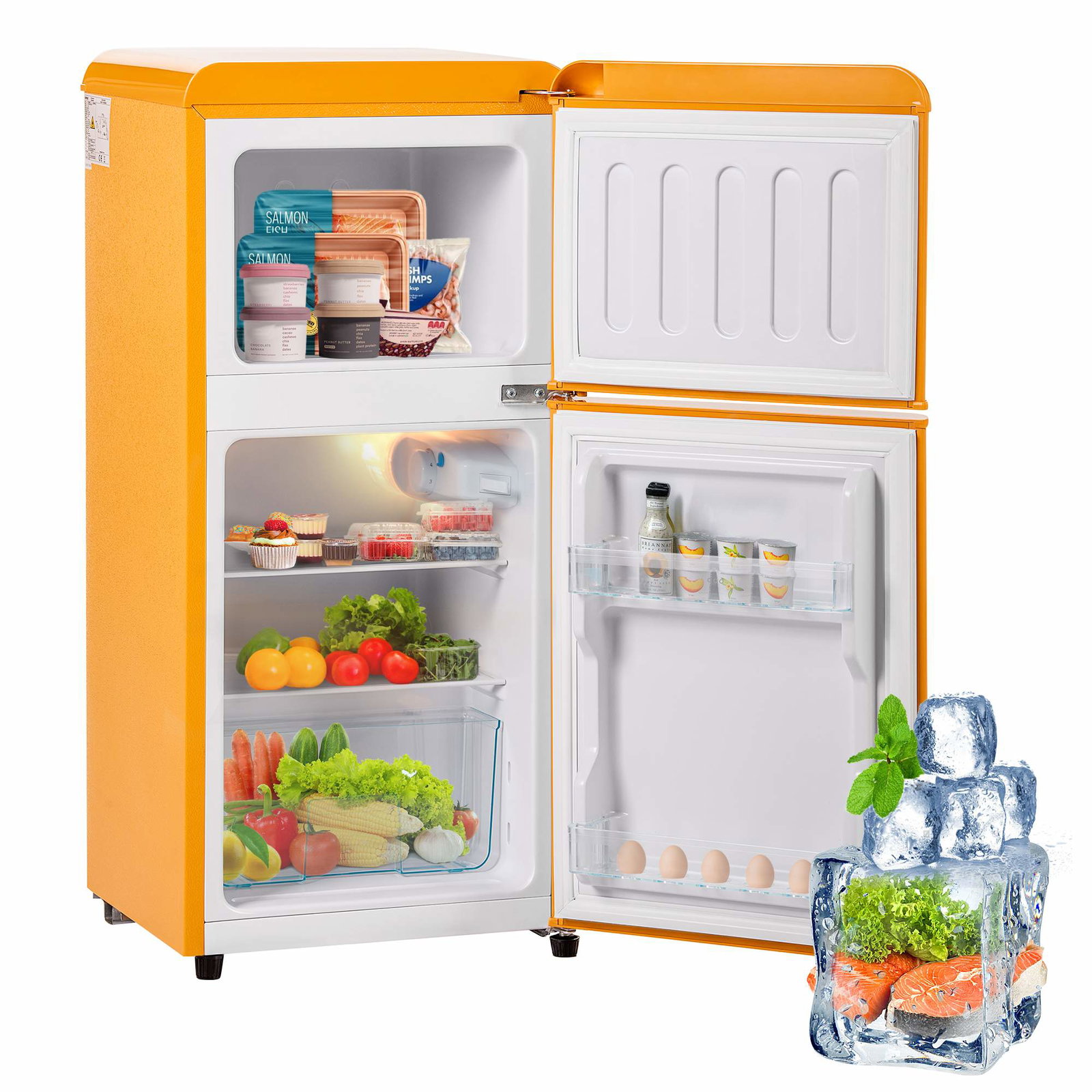 Gult Retro Dobbeltdørs Køleskab – 60L, Energiklasse E