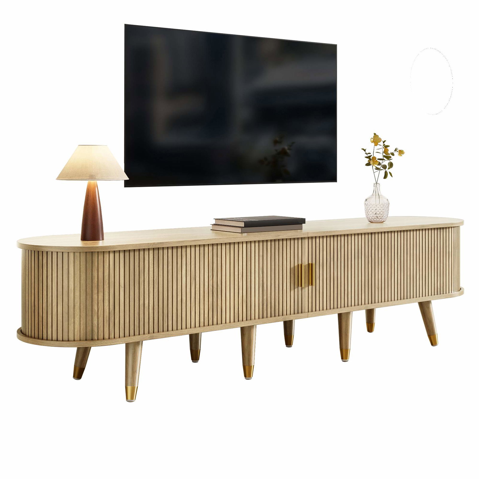 TV-bord med skydedøre – egetræsfinish, MDF, opbevaring