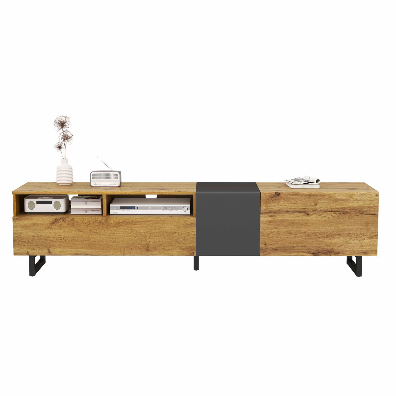 Colorblock TV-bord – 3 døre, 2 hylder, retro træfinish