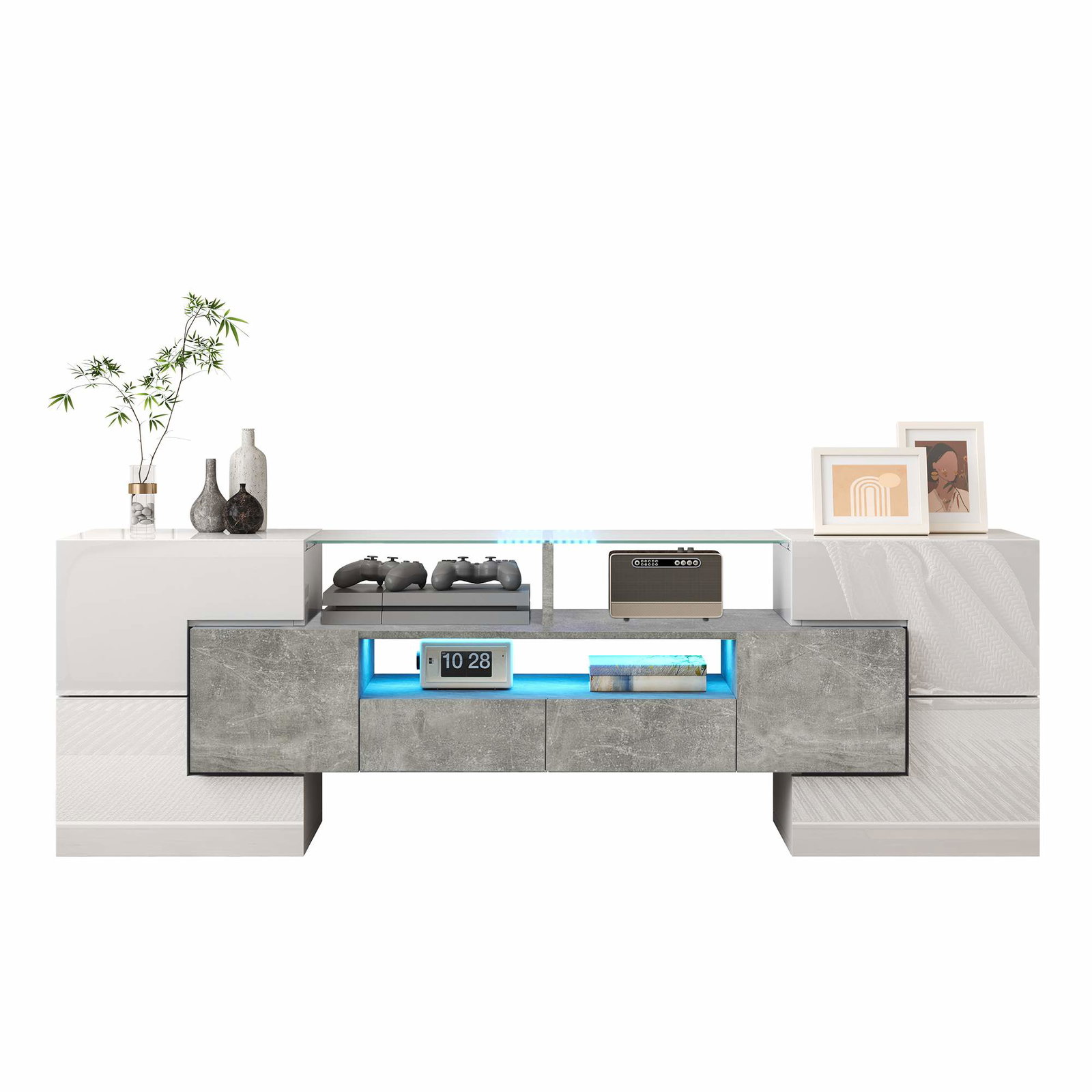 Hvidt, højglans TV-bord med LED-lys – 145 cm