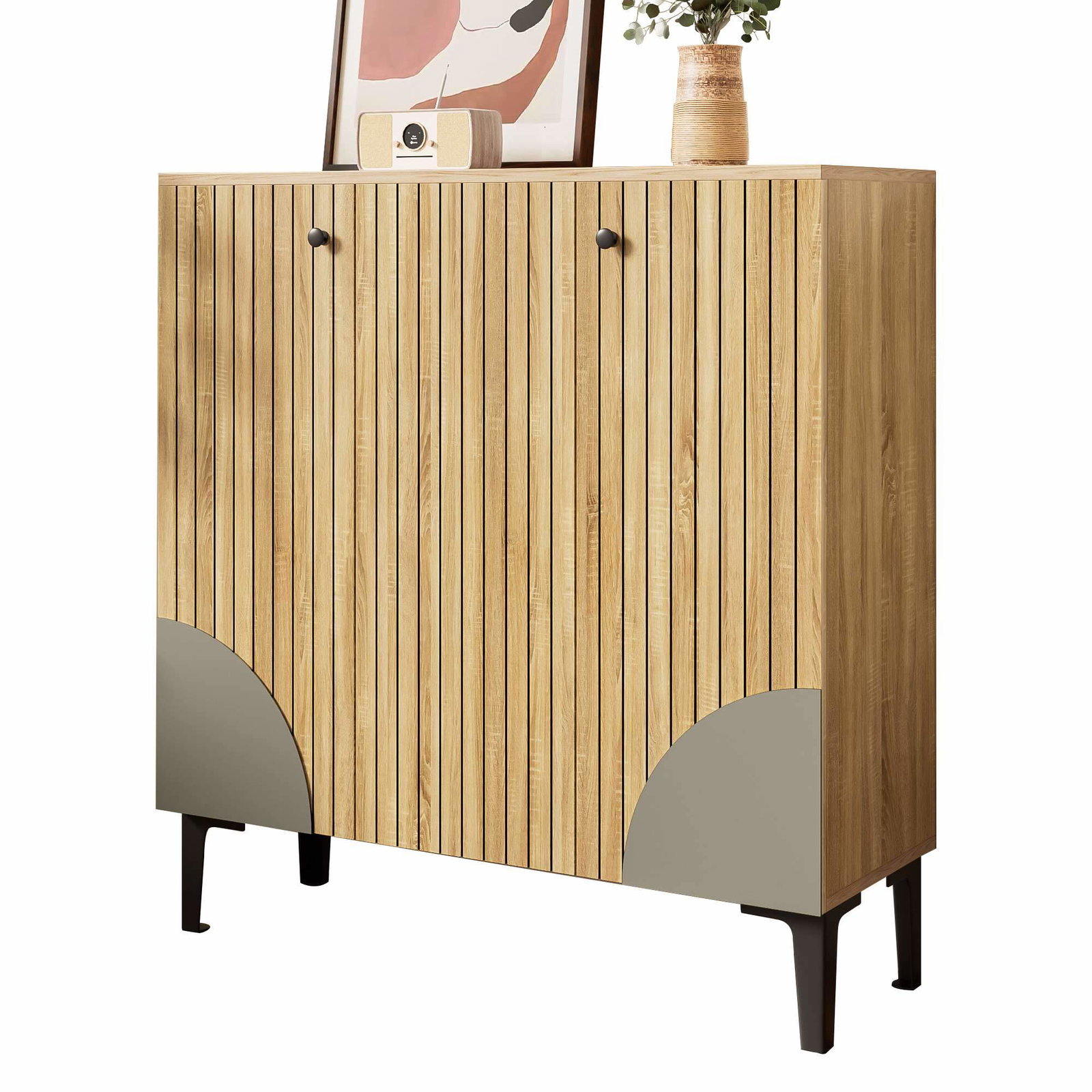 Moderne skoskab – træfinish, 3 døre, 90x32x94 cm