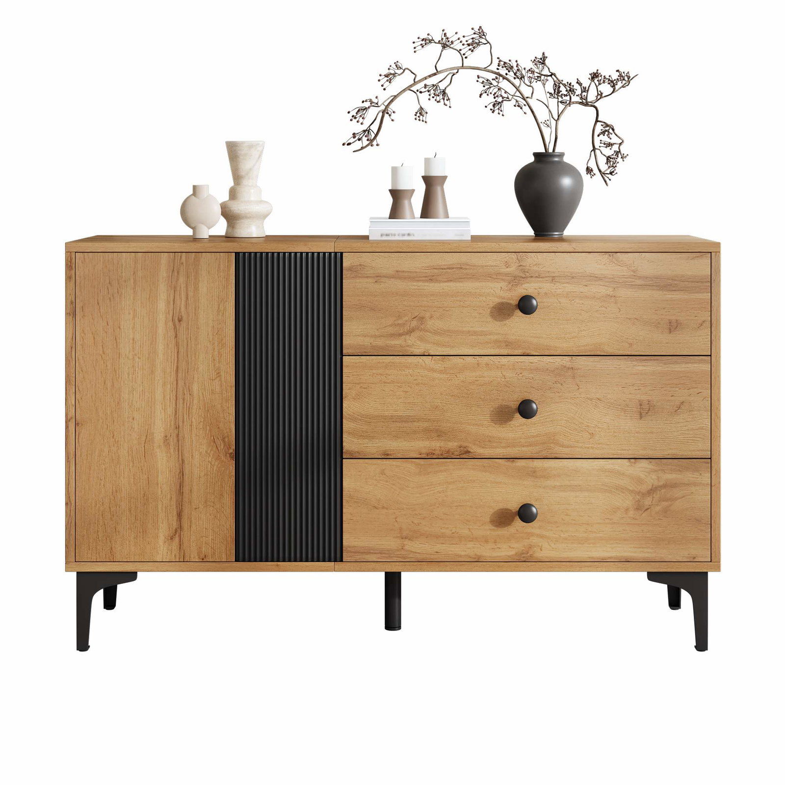 Moderne skænk med opbevaring – Natur & sort, 120 cm