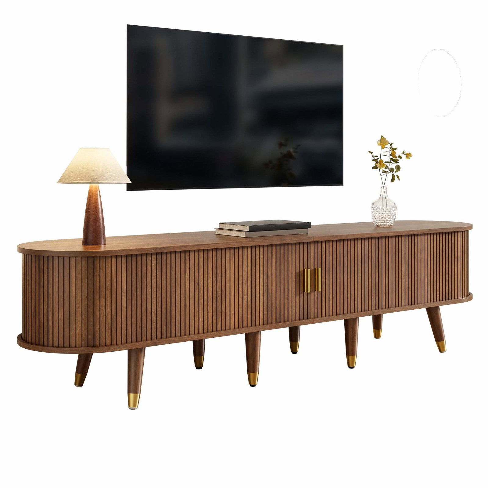 Rattan TV-bord med skydedør – valnøddefinish, 175 cm