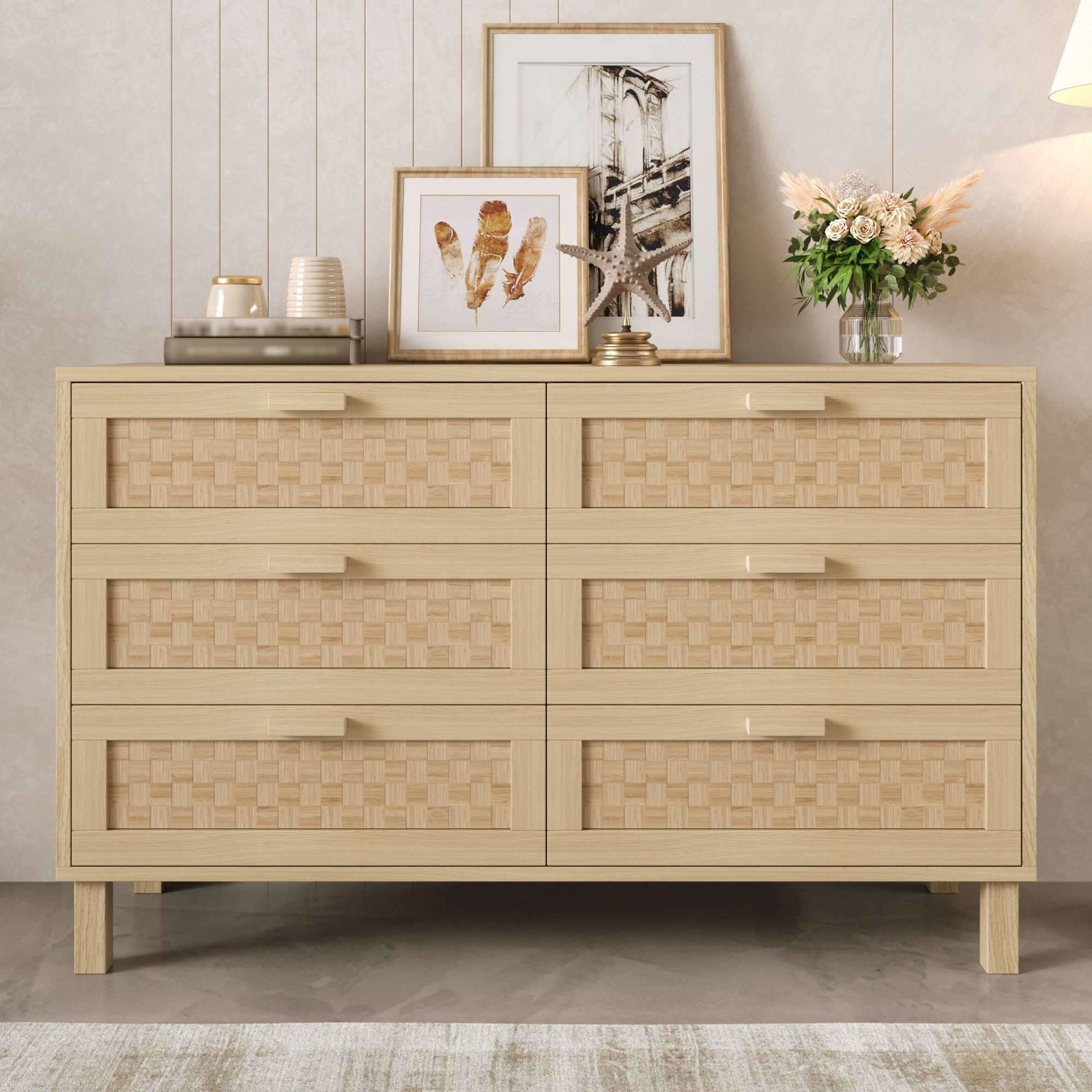 Skænk i naturtræ – 6 skuffer, rattandesign