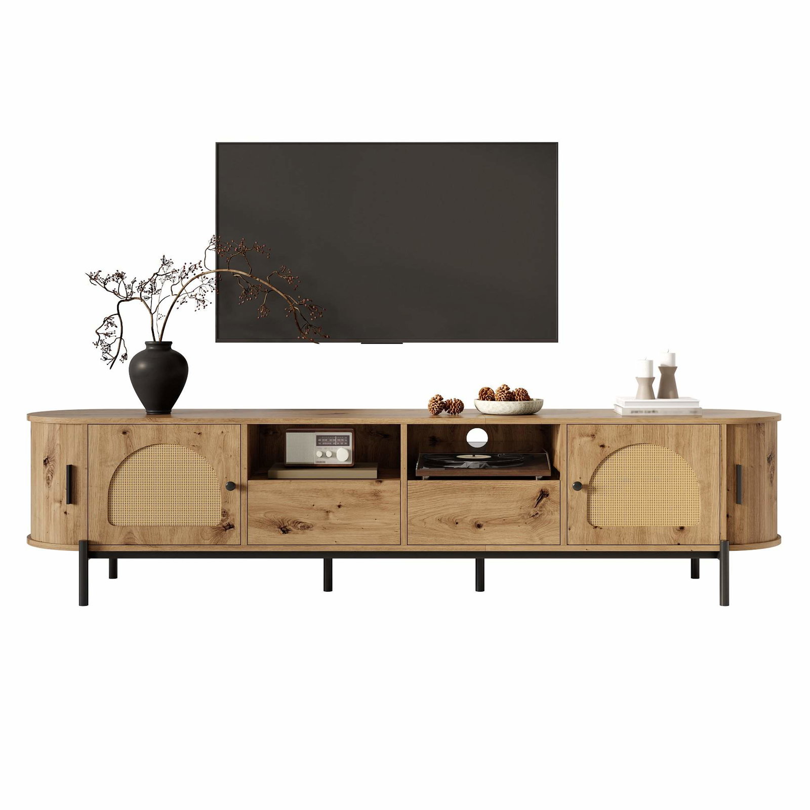 Ovalt TV-bord med rattan, skydedøre og opbevaring