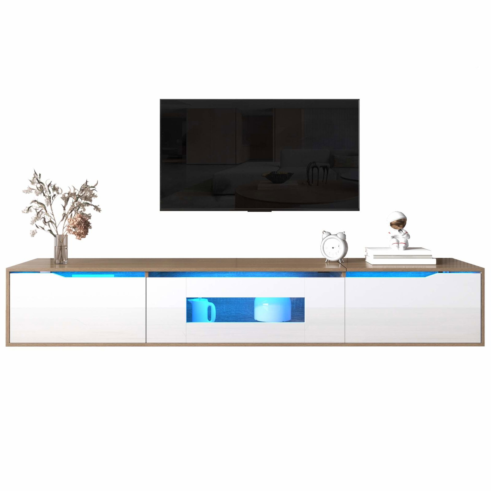 Højglans TV-bord med LED-lys, hvid og træ