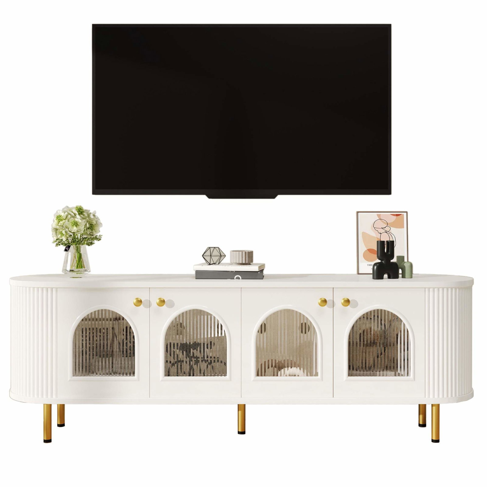 Hvidt TV-bord med glaslåger – gulddetaljer, 170 cm
