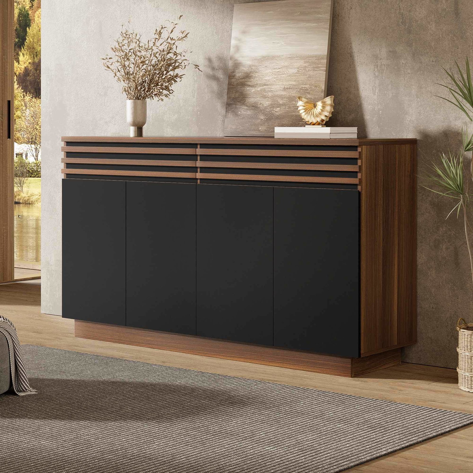 Moderne skænk med sorte døre – 150 x 40 x 85 cm