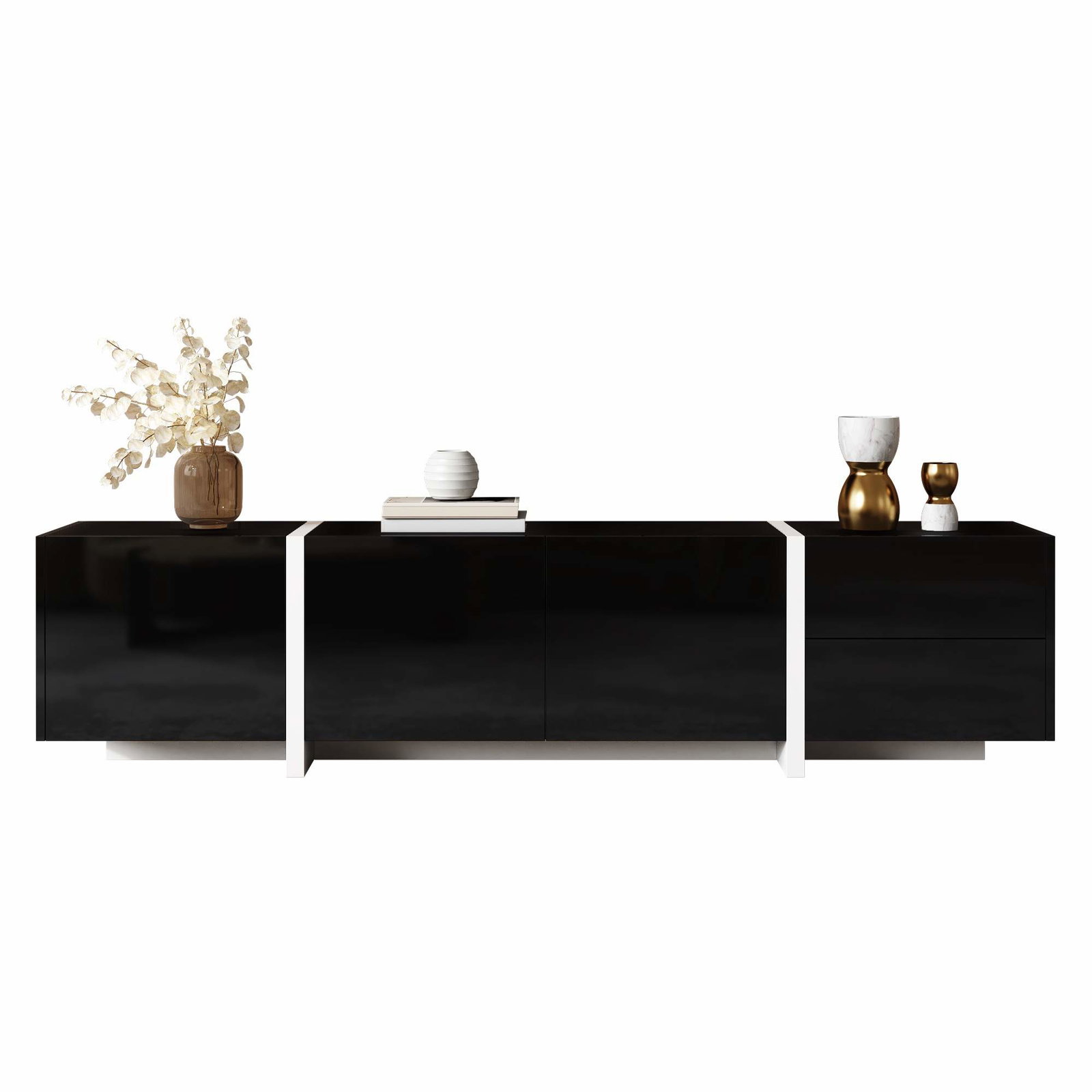 Sort-hvidt TV-bord med LED-lys, 170x30x39 cm