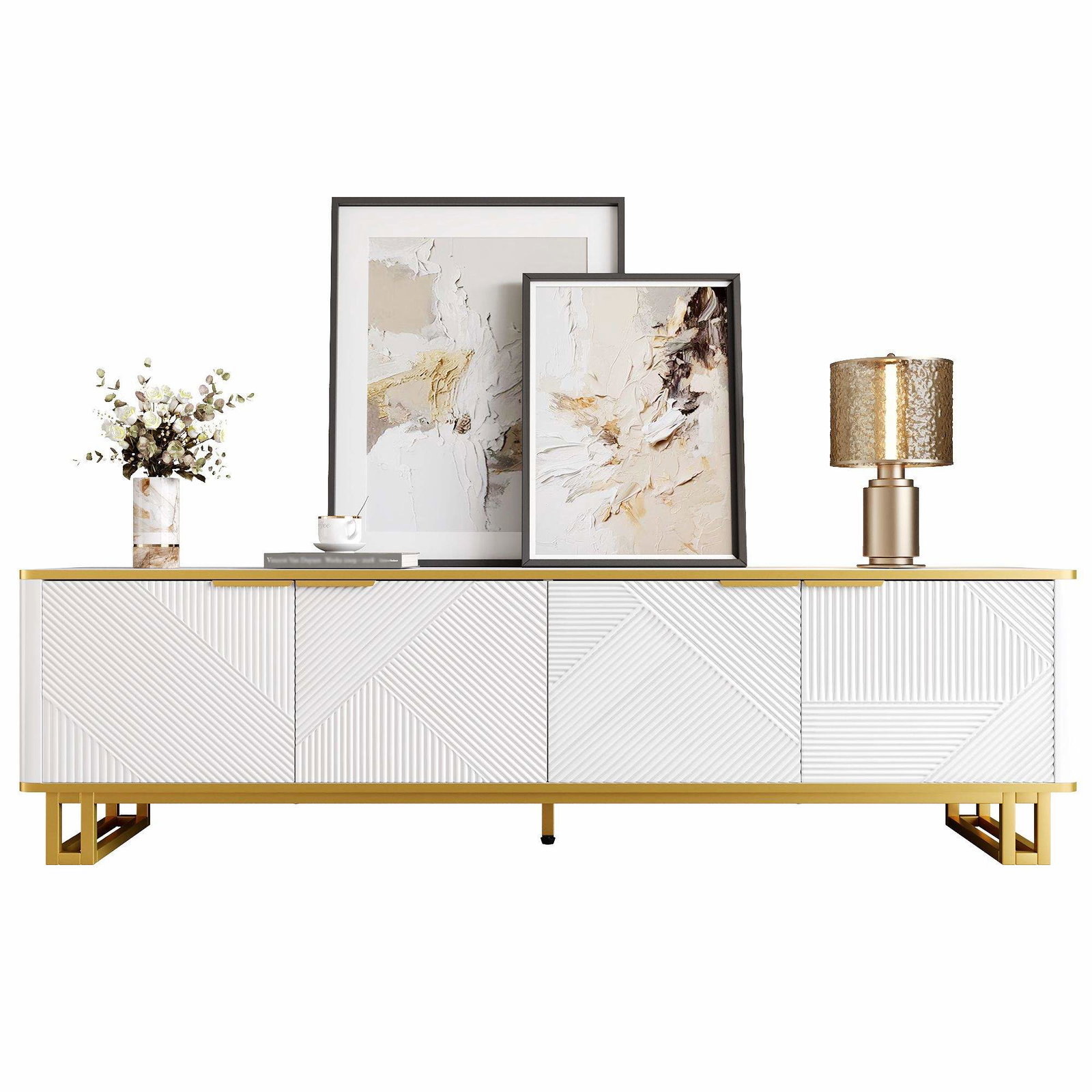 Hvid & guld geometrisk tv-bord – 160 cm, MDF, opbevaring