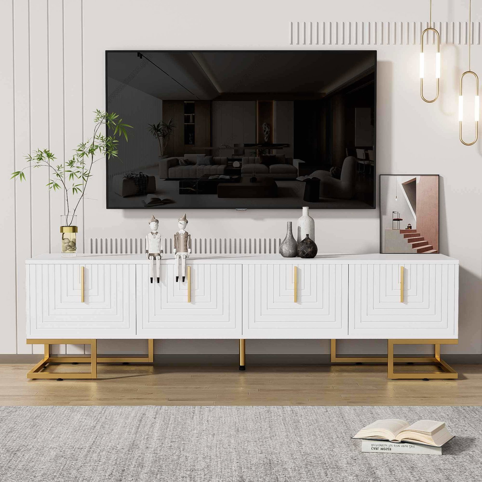 Hvidt TV-bord med gulddetaljer – 170 cm, Opbevaring