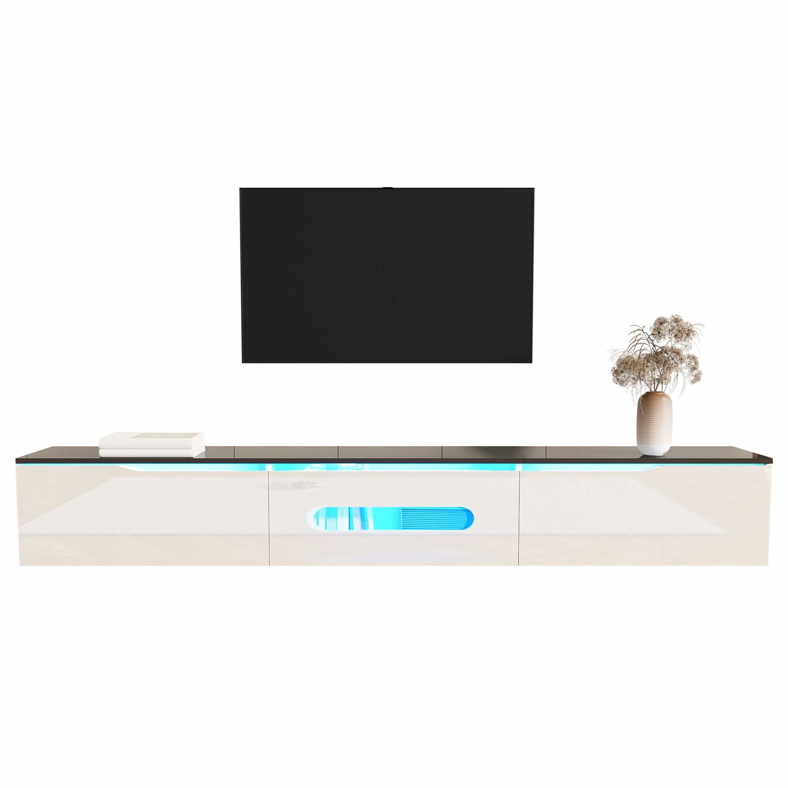 Sort/hvidt TV-bord, 180 cm, blankt, LED-lys