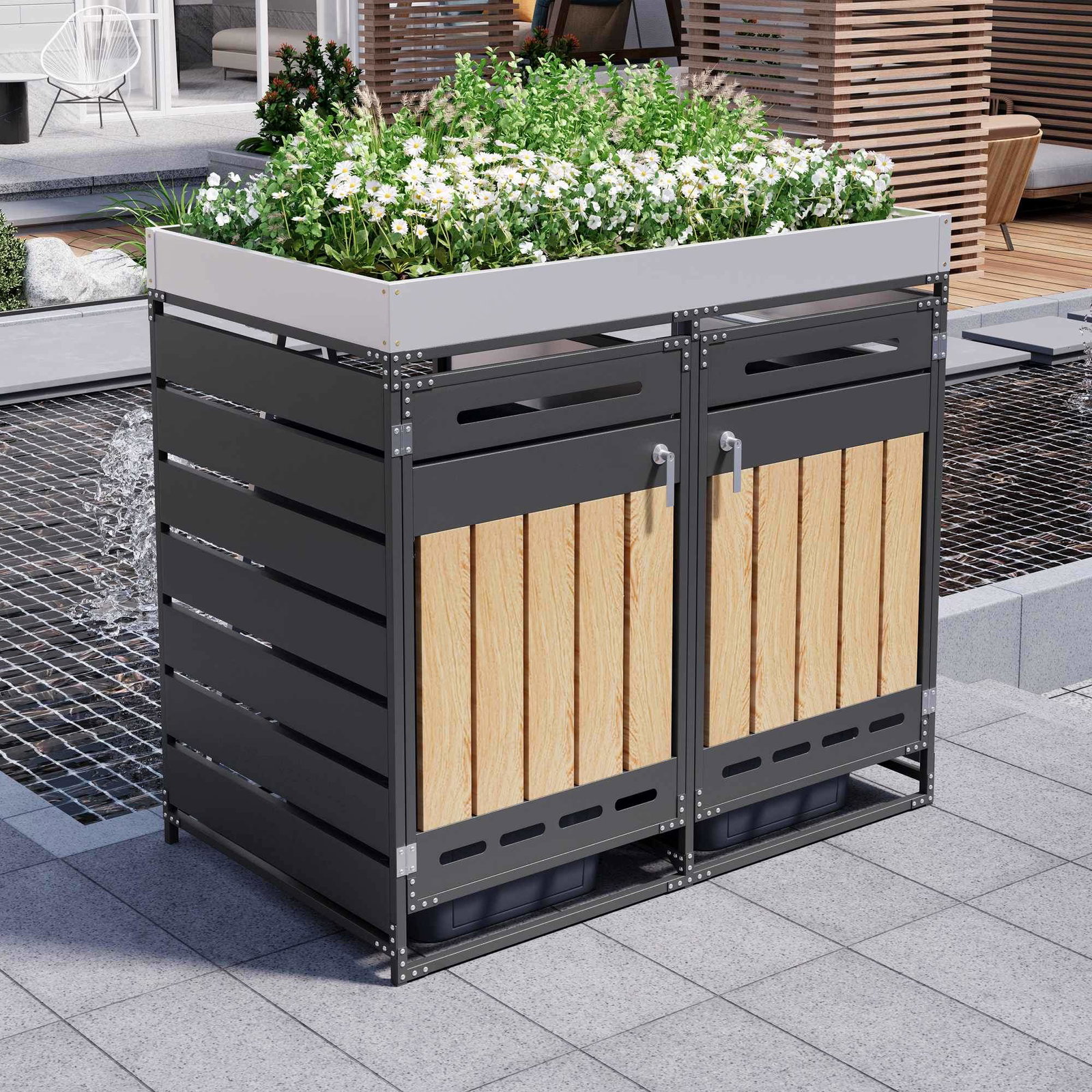Udendørs opbevaringsskab i jern med plantekasse og ventilation