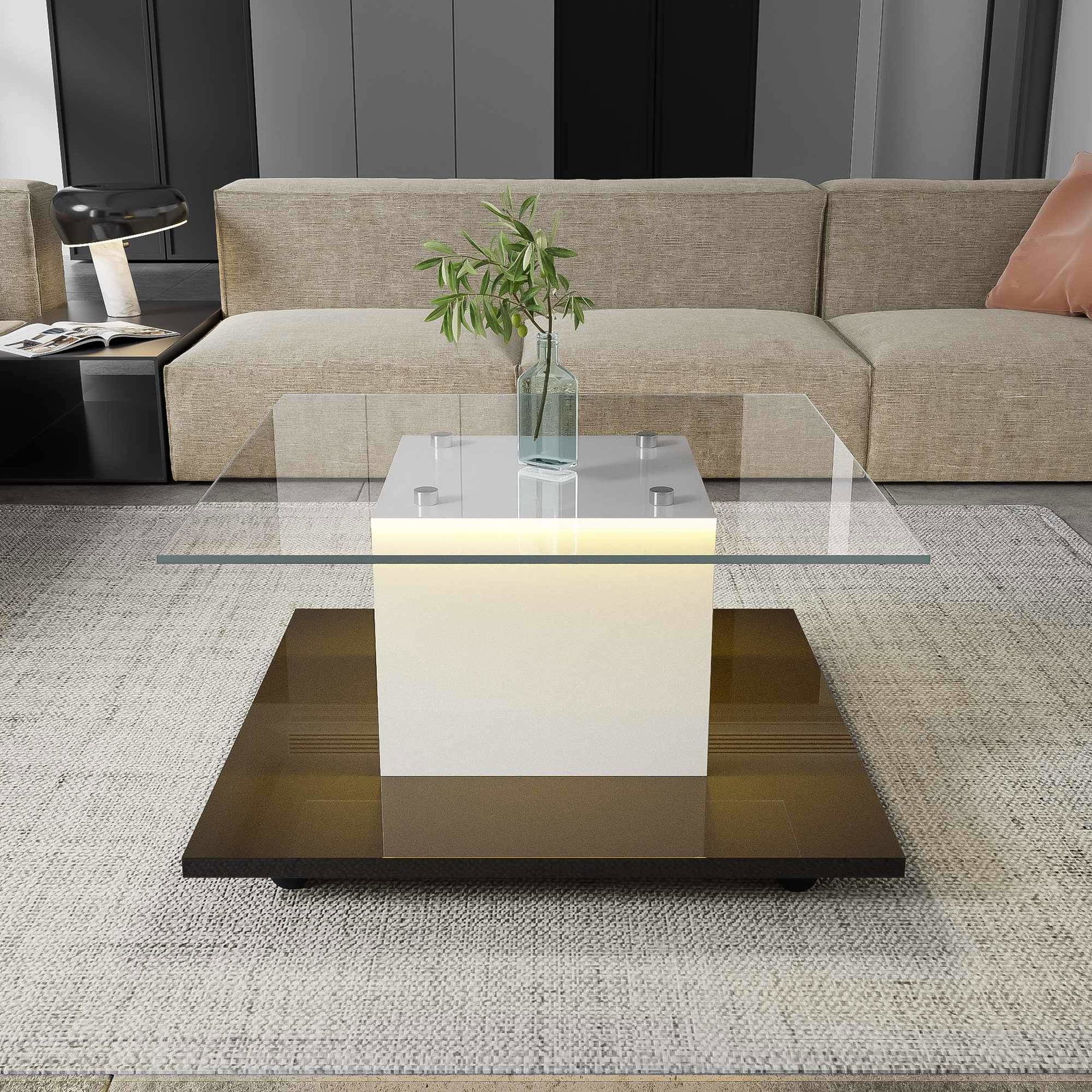 Moderne sofabord i glas med LED-lys og hjul