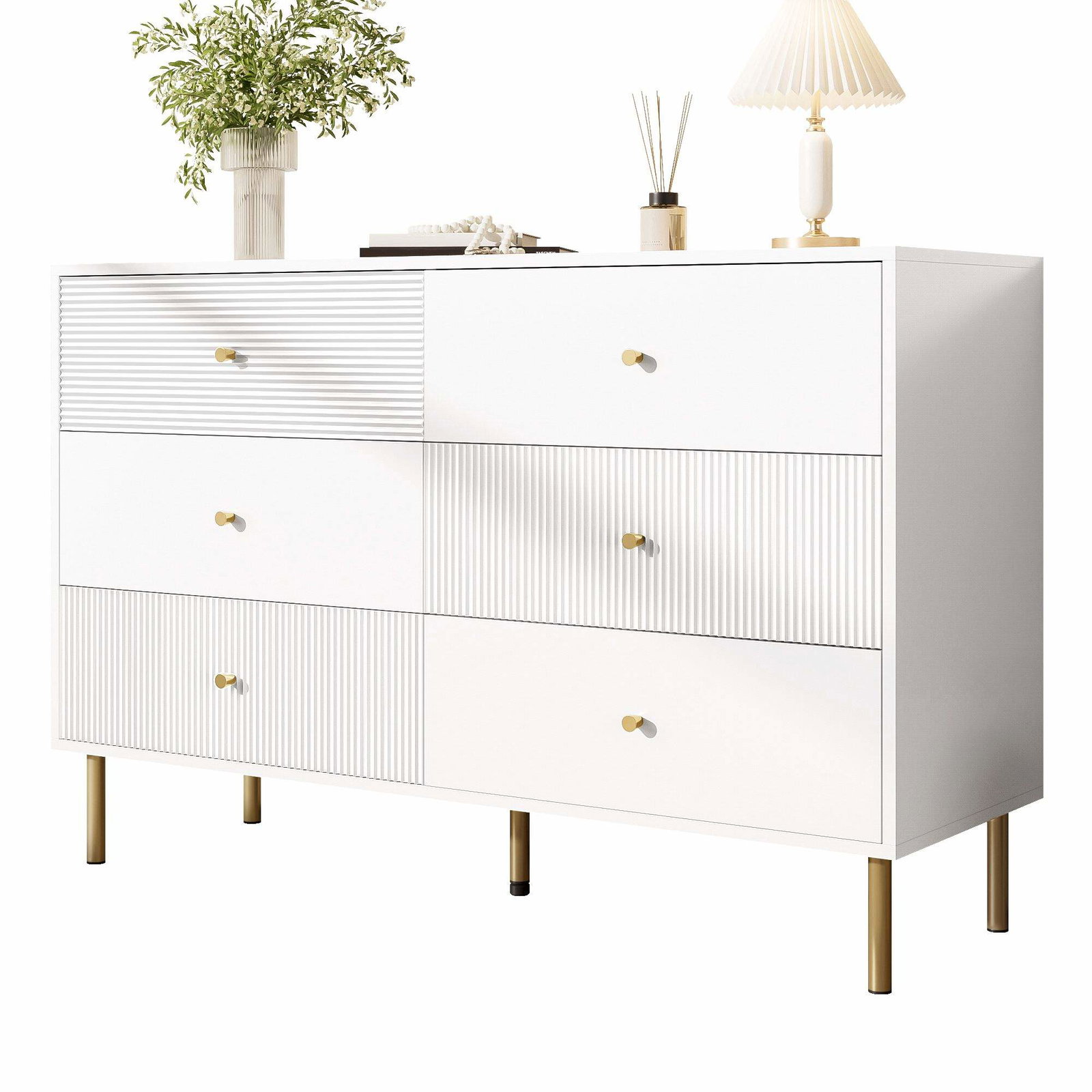 Hvid kommode med 6 skuffer – MDF, zinkhåndtag, 120×40×78 cm