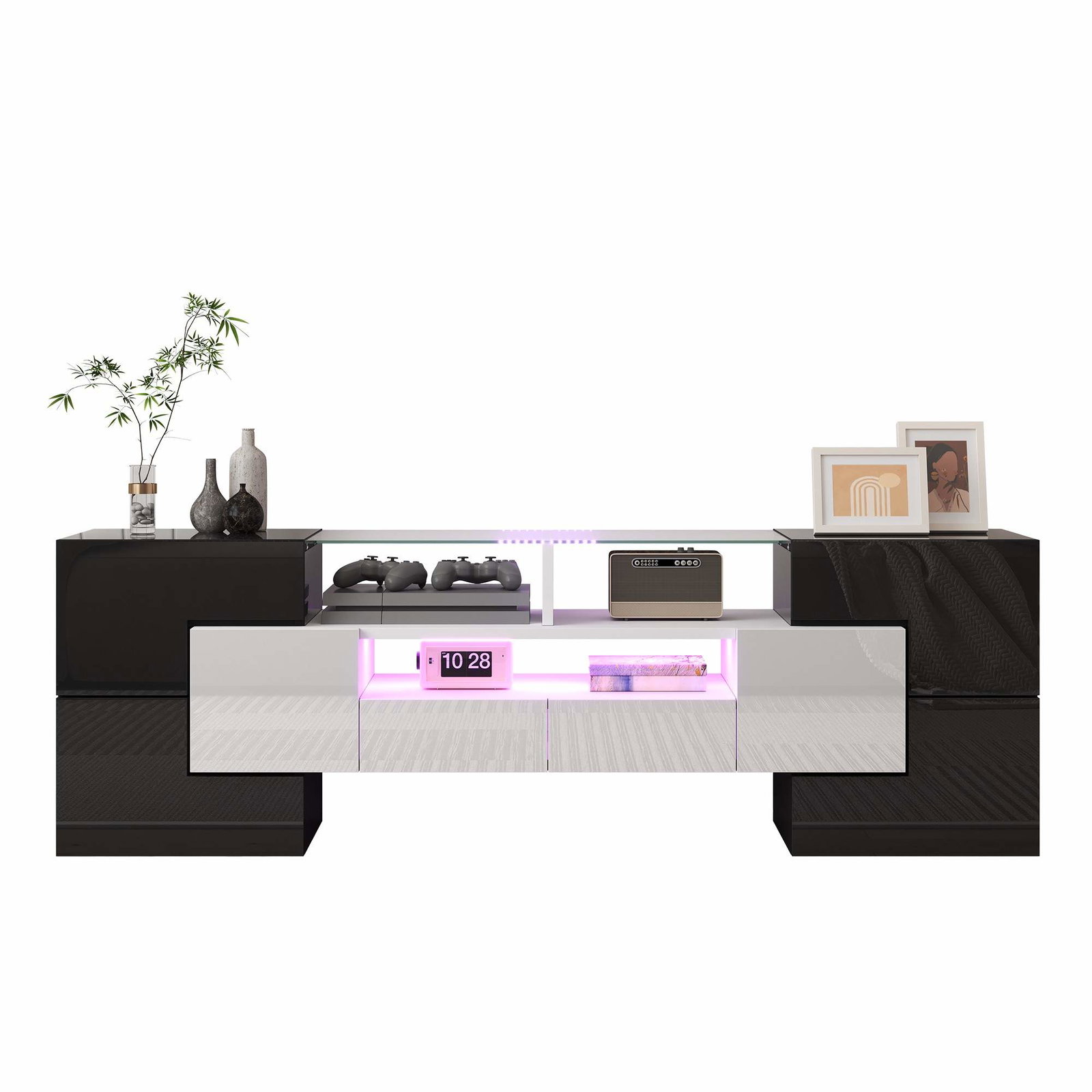 Hvidt, højglans TV-bord – LED-lys, glasoverflade, 145 cm