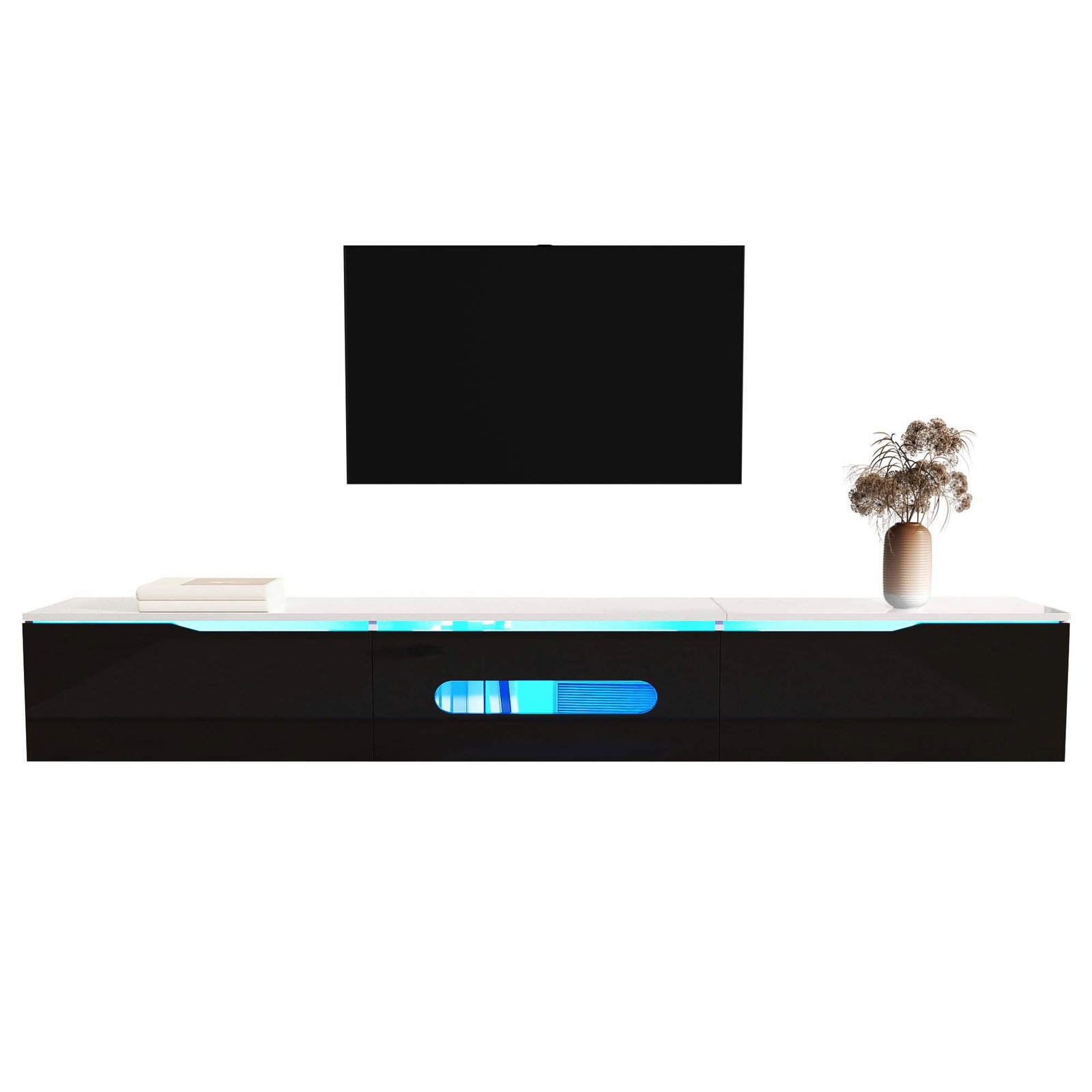Sort/hvidt TV-bord, 180 cm, LED-lys, kan monteres på væggen