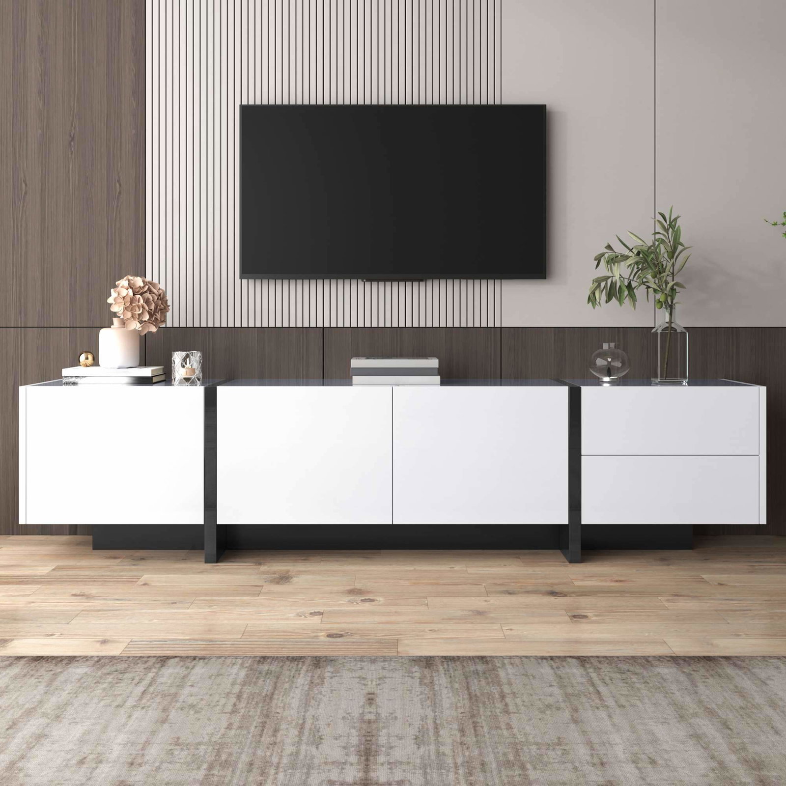 Højglans TV-bord – Sort & Hvid, 3 døre, 2 skuffer
