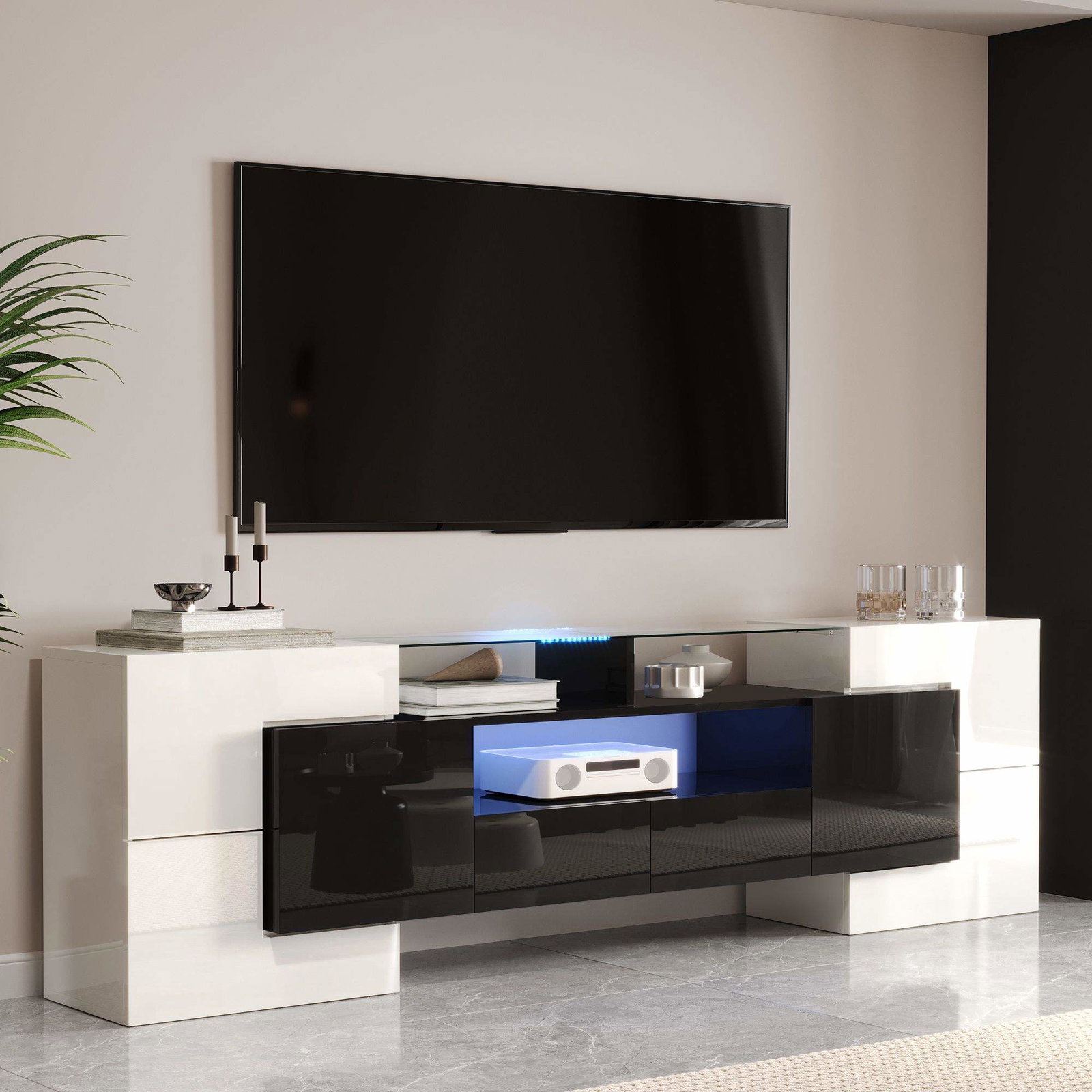 Moderne TV-bord med LED-lys – blank sort og hvid