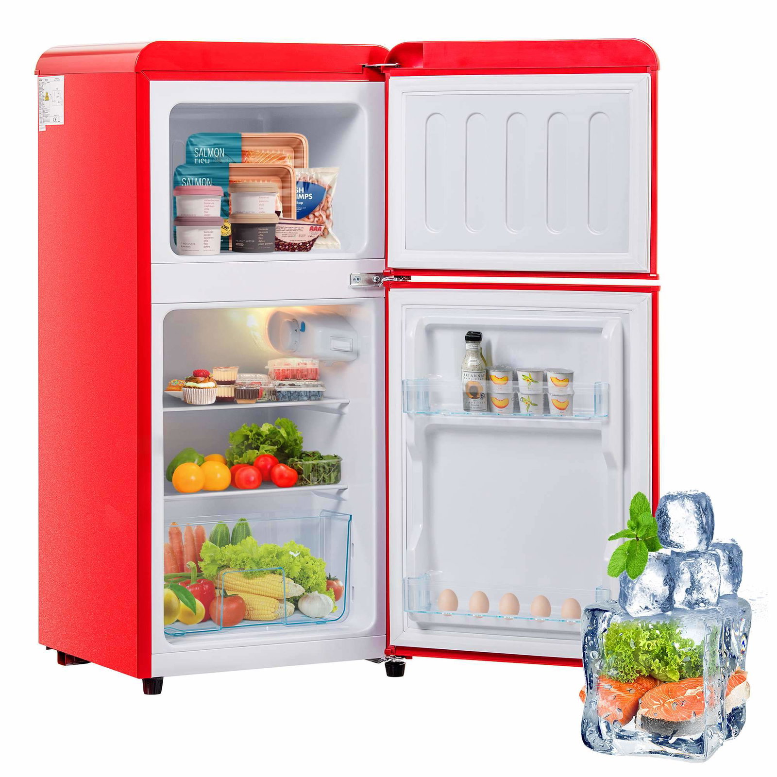 Rødt Retro Dobbeltdørs Køleskab – 60L, Energiklasse E