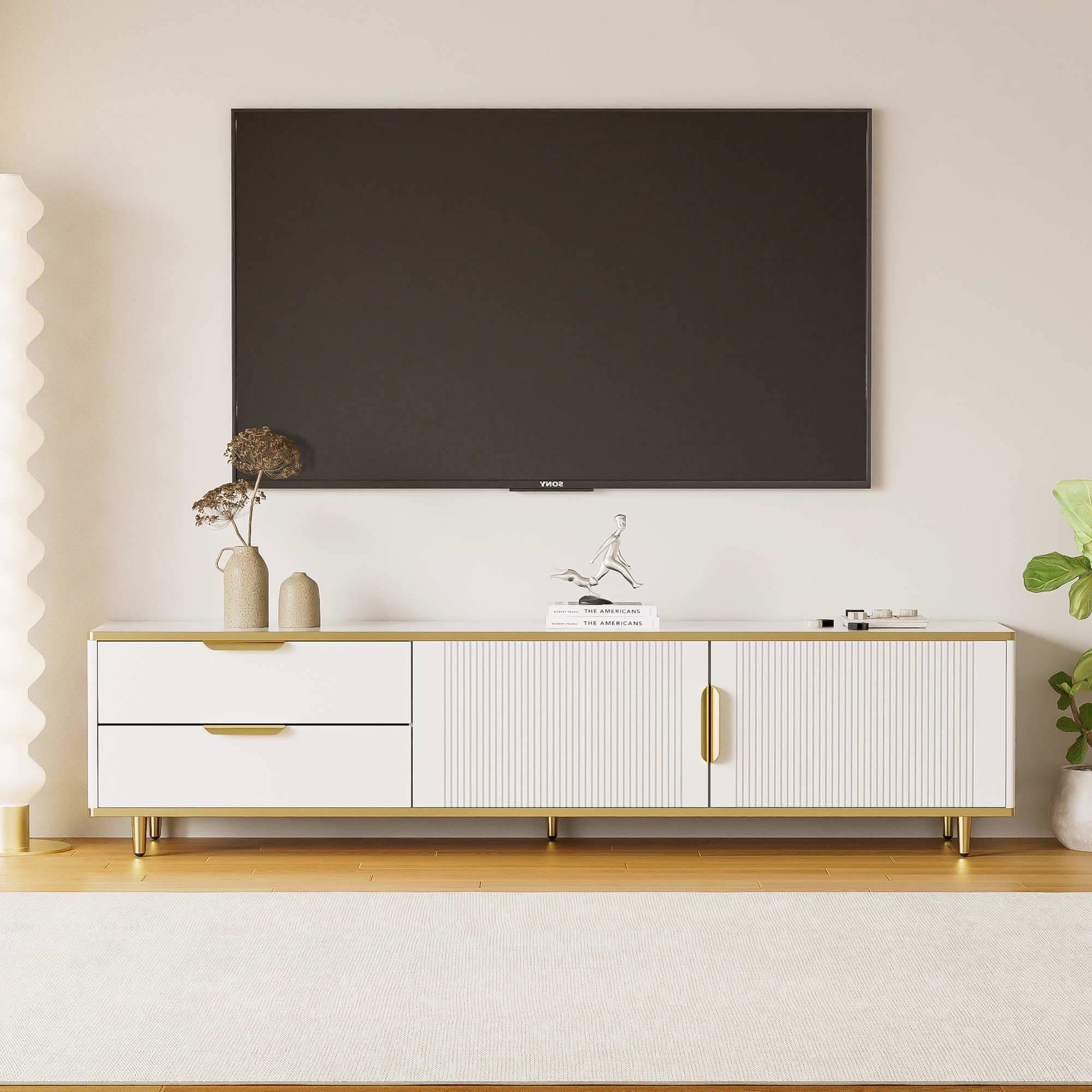 Hvidt og guld TV-bord med udskåret tekstur – 175 cm