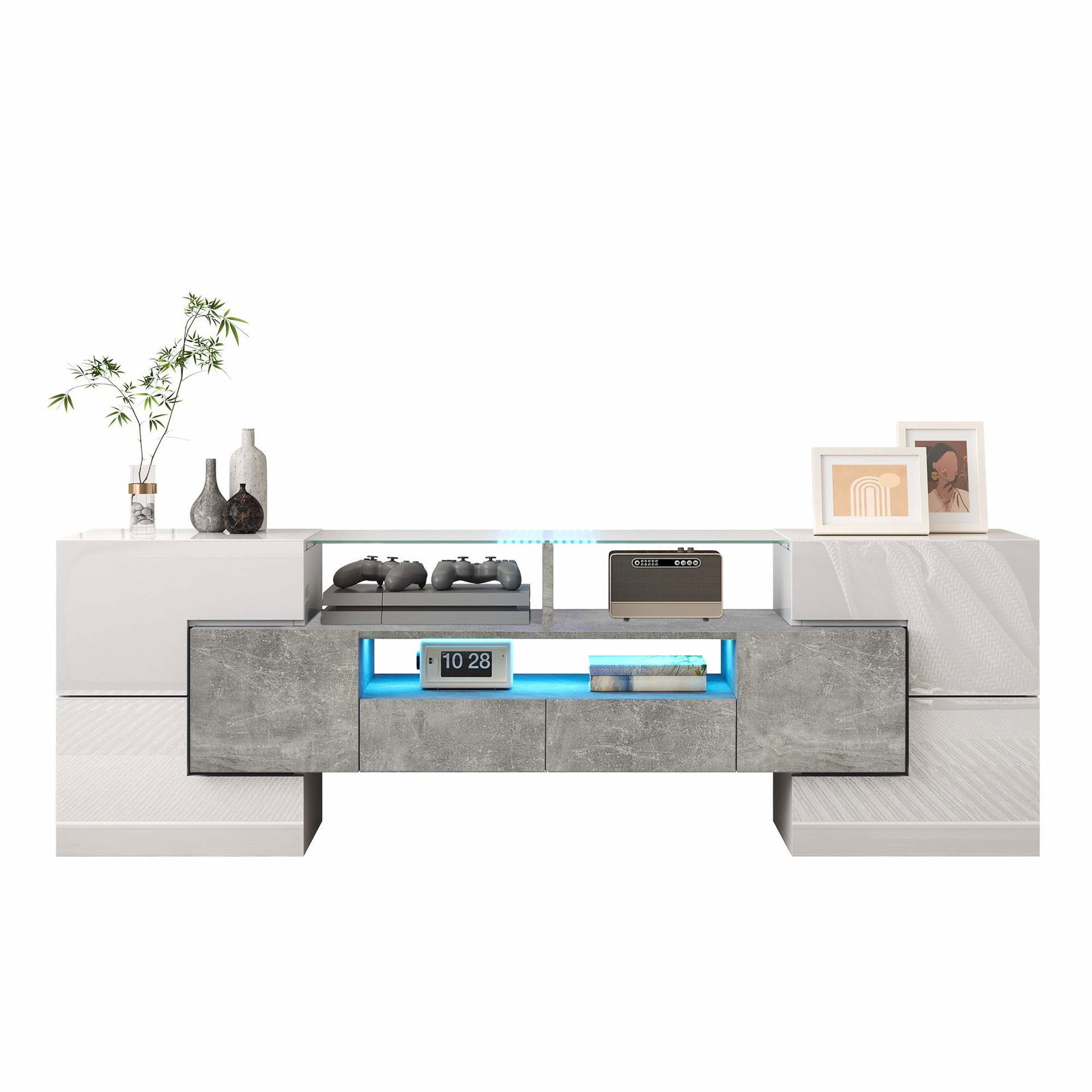 Hvidt, højglans TV-bord med LED-lys – 145 cm