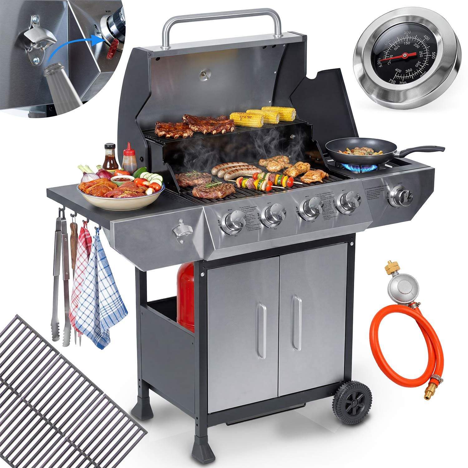 Gasgrill med støbejernsrist – 5 brændere, termometer