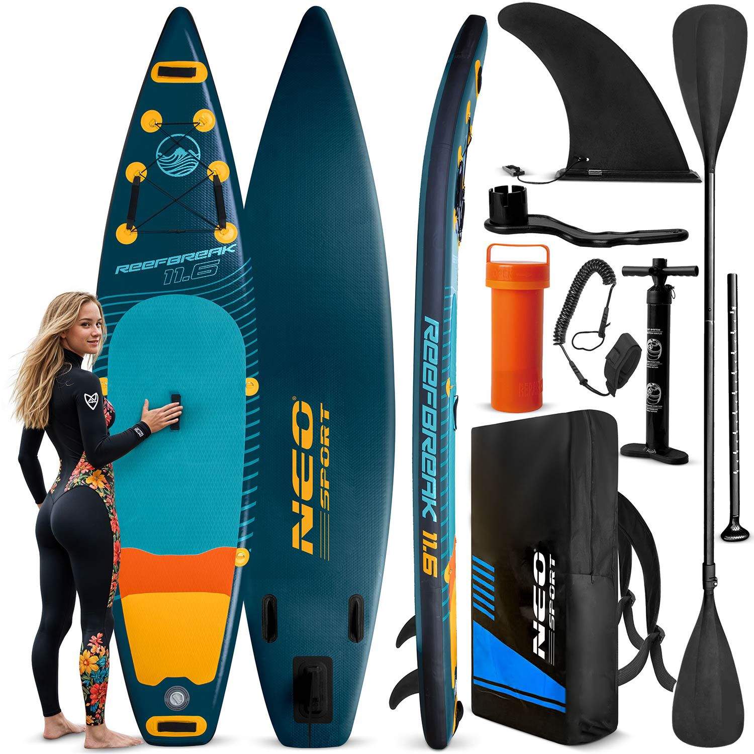 Oppusteligt SUP-board 3,8 m med pagaj og pumpe