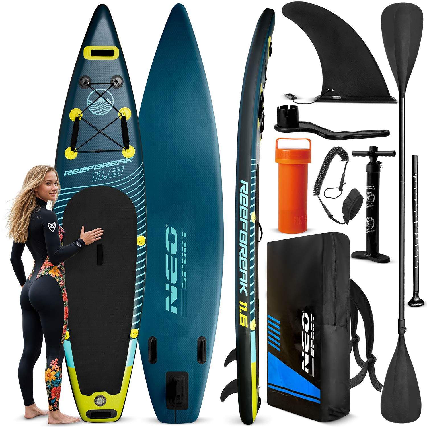 Oppusteligt SUP-board 3,8 m med pagaj og pumpe