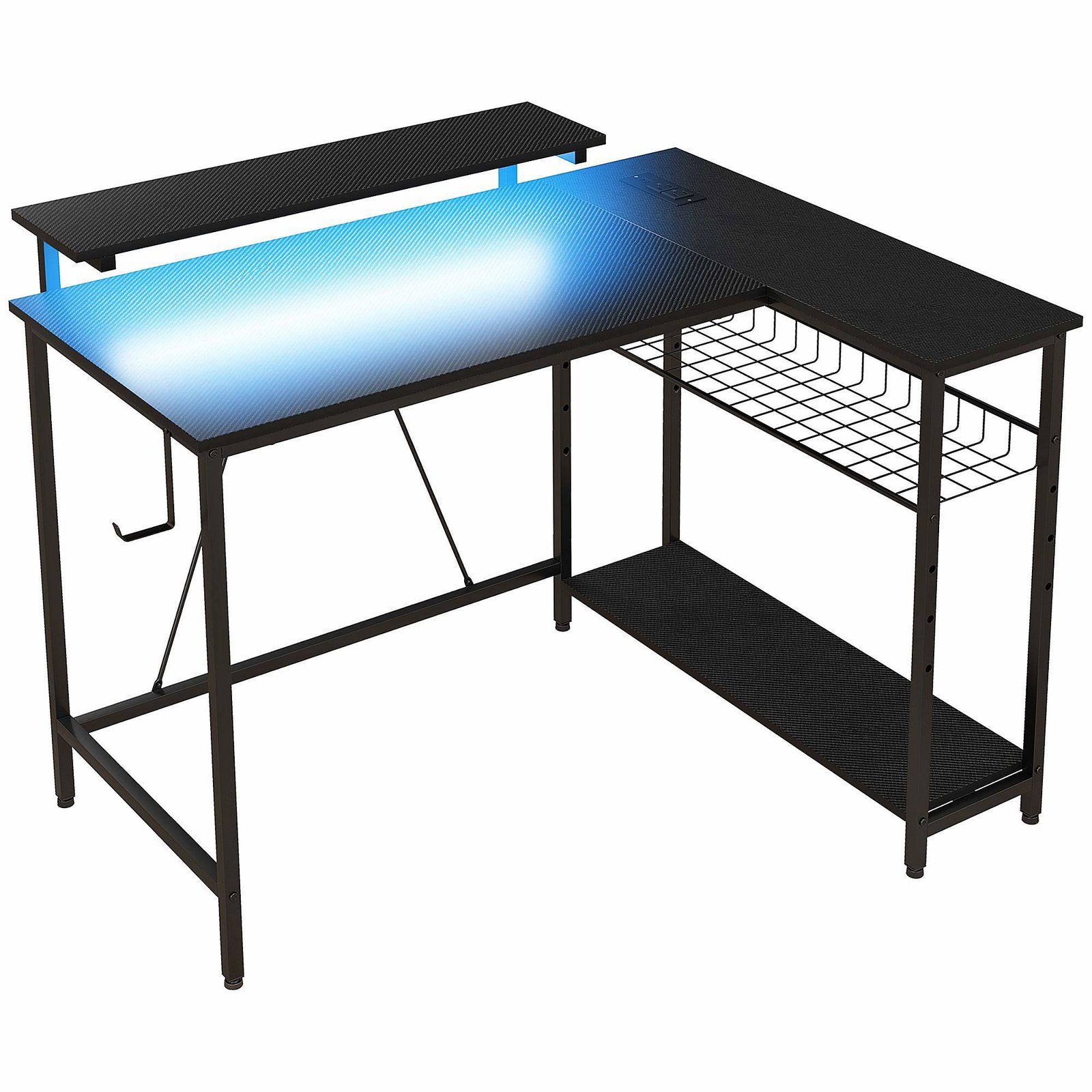 L-formet skrivebord med LED, stikkontakter, USB – sort, 107x80x90 cm