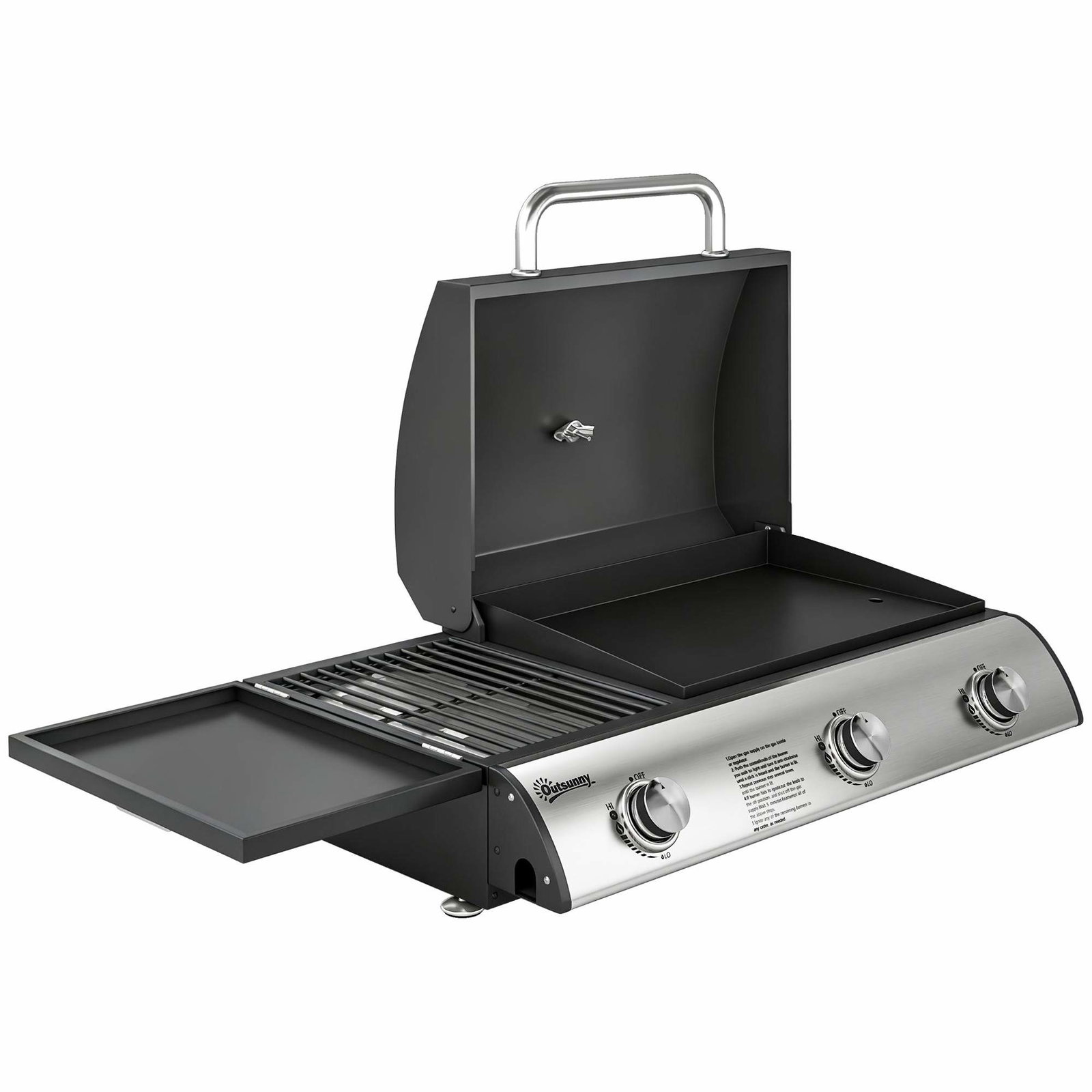 Bærbar gasgrill – 3 brændere, grill- og stegepladekombination