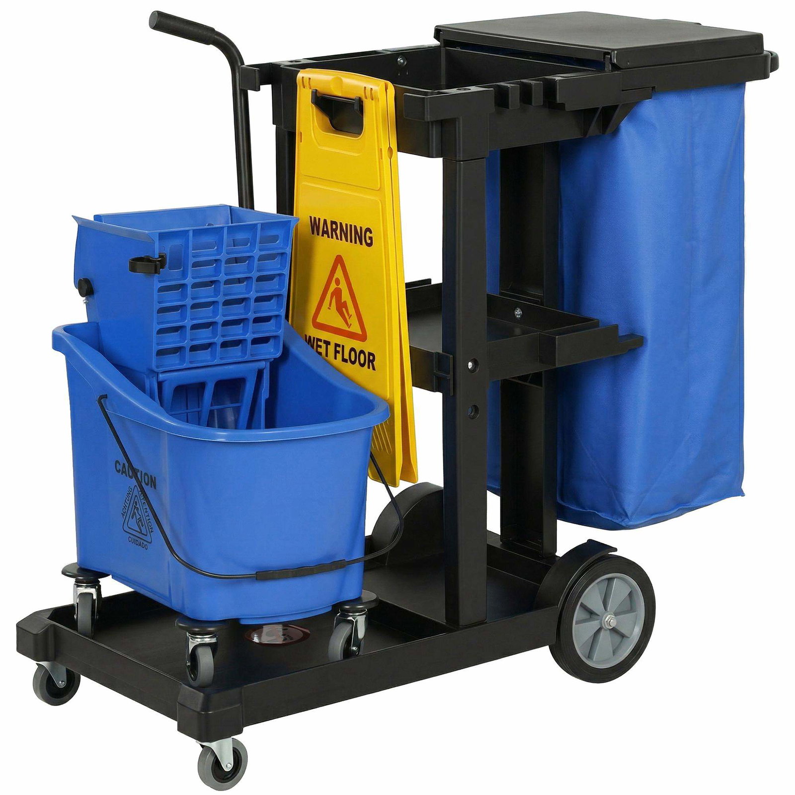 Rengøringsvogn med 3 hylder, 70 liters pose, moppespand