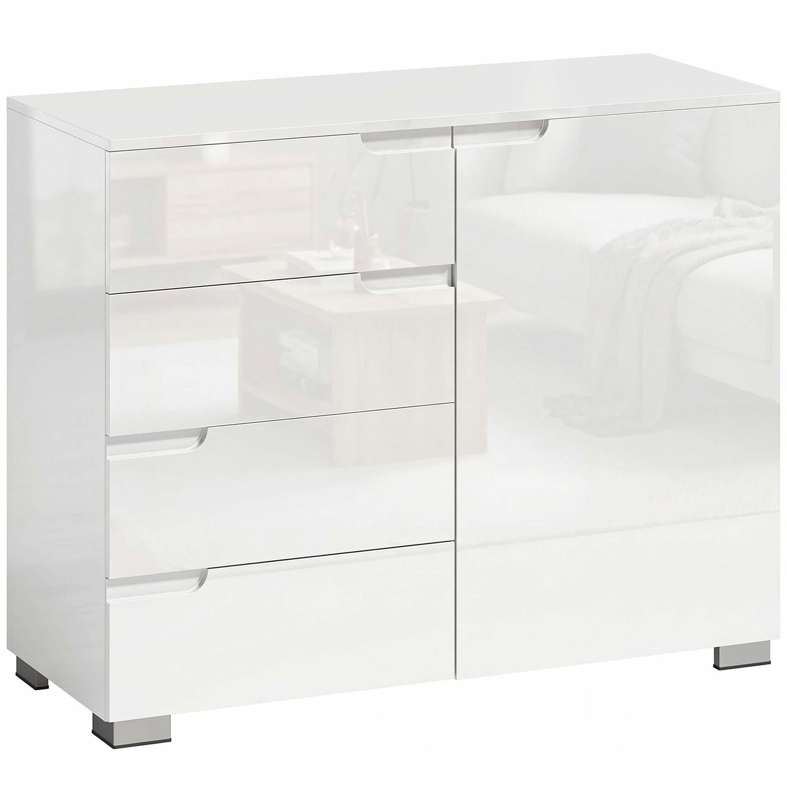 Hvidt højglans skænk – 4 skuffer, justerbar hylde, 100x40x80 cm