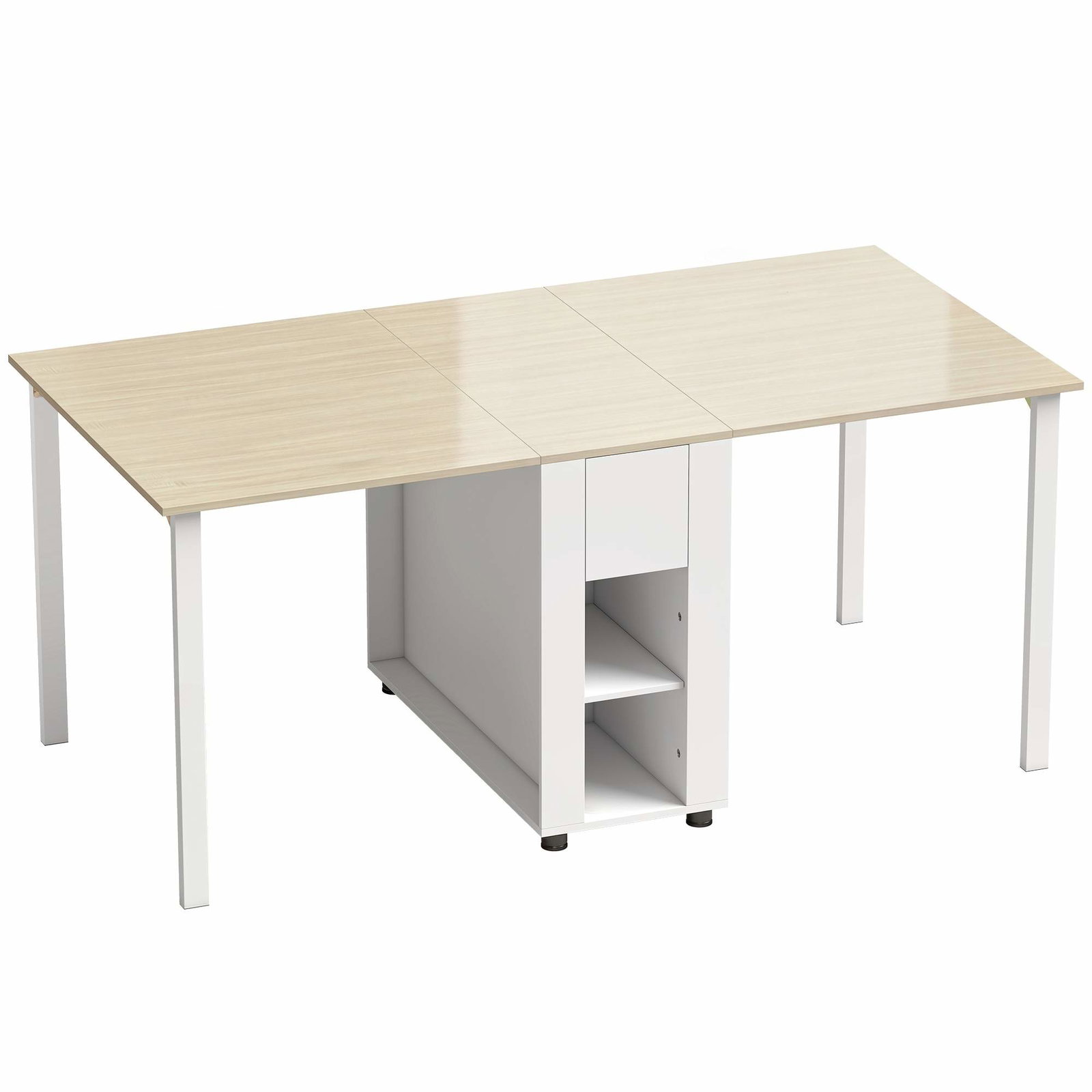 Udvideligt spisebord til 6-168 cm, 2 skuffer, 4 hylder