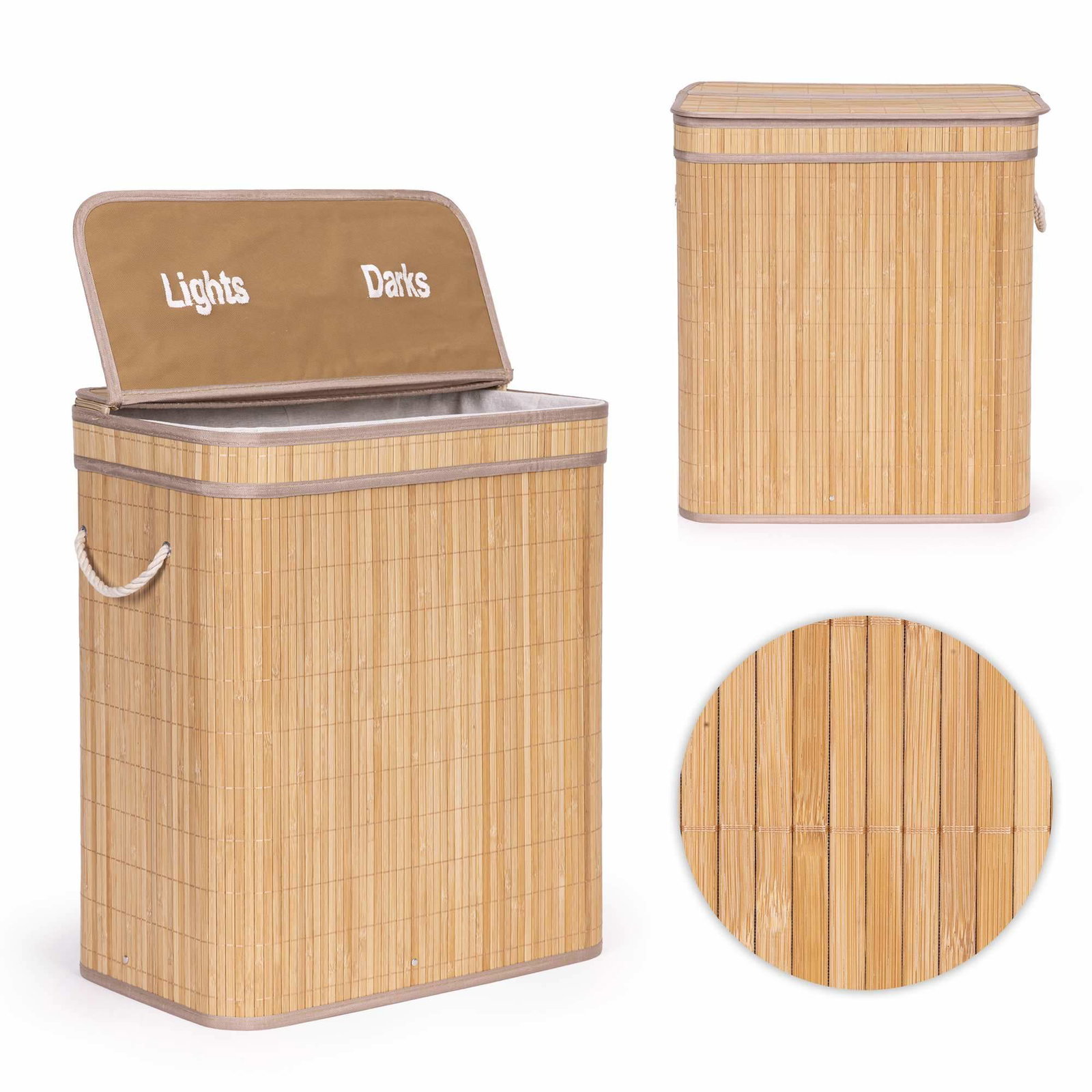 Bambus vasketøjskurv – 100L, 2 rum, låg
