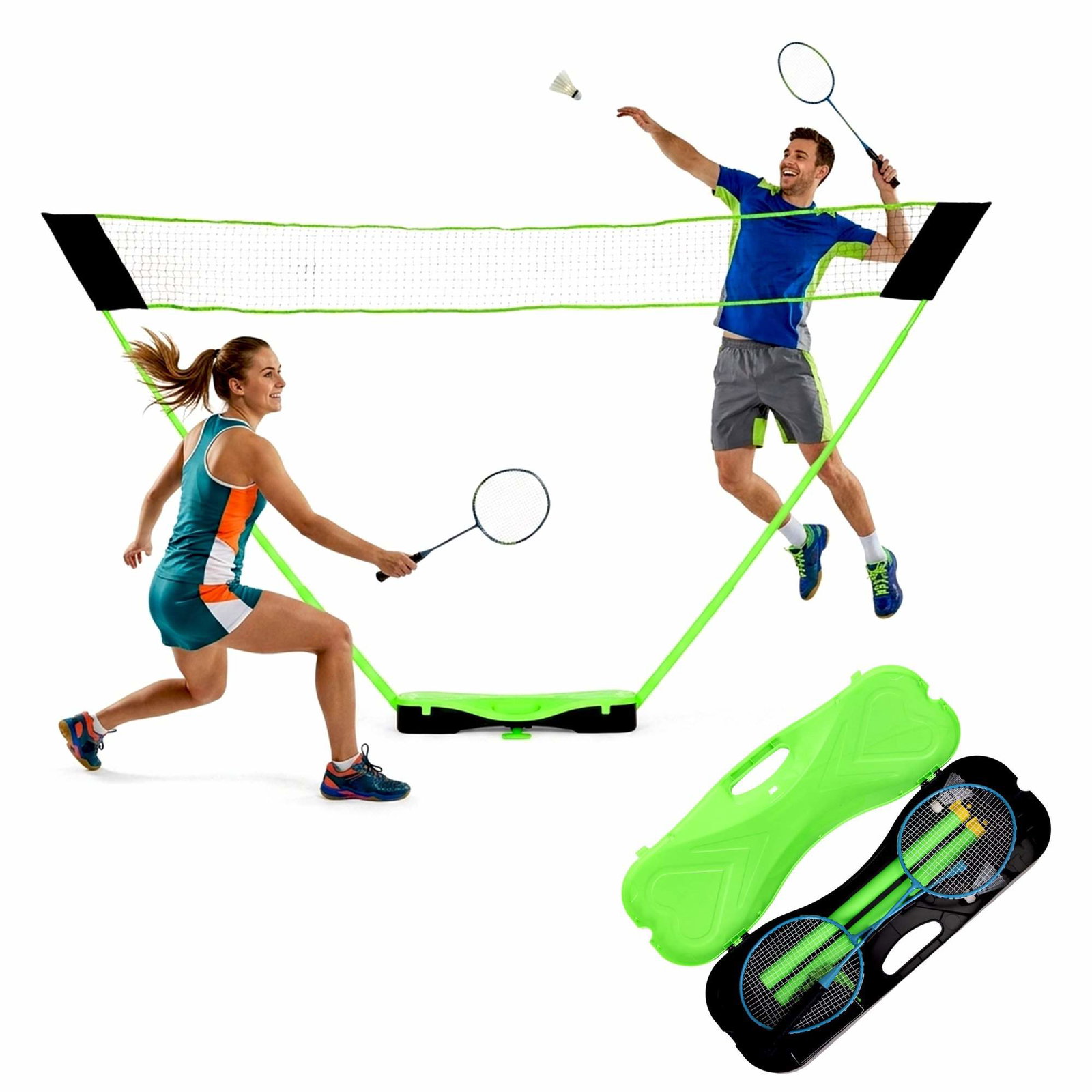 Badmintonsæt med foldbart net, ketchere og fjerbolde