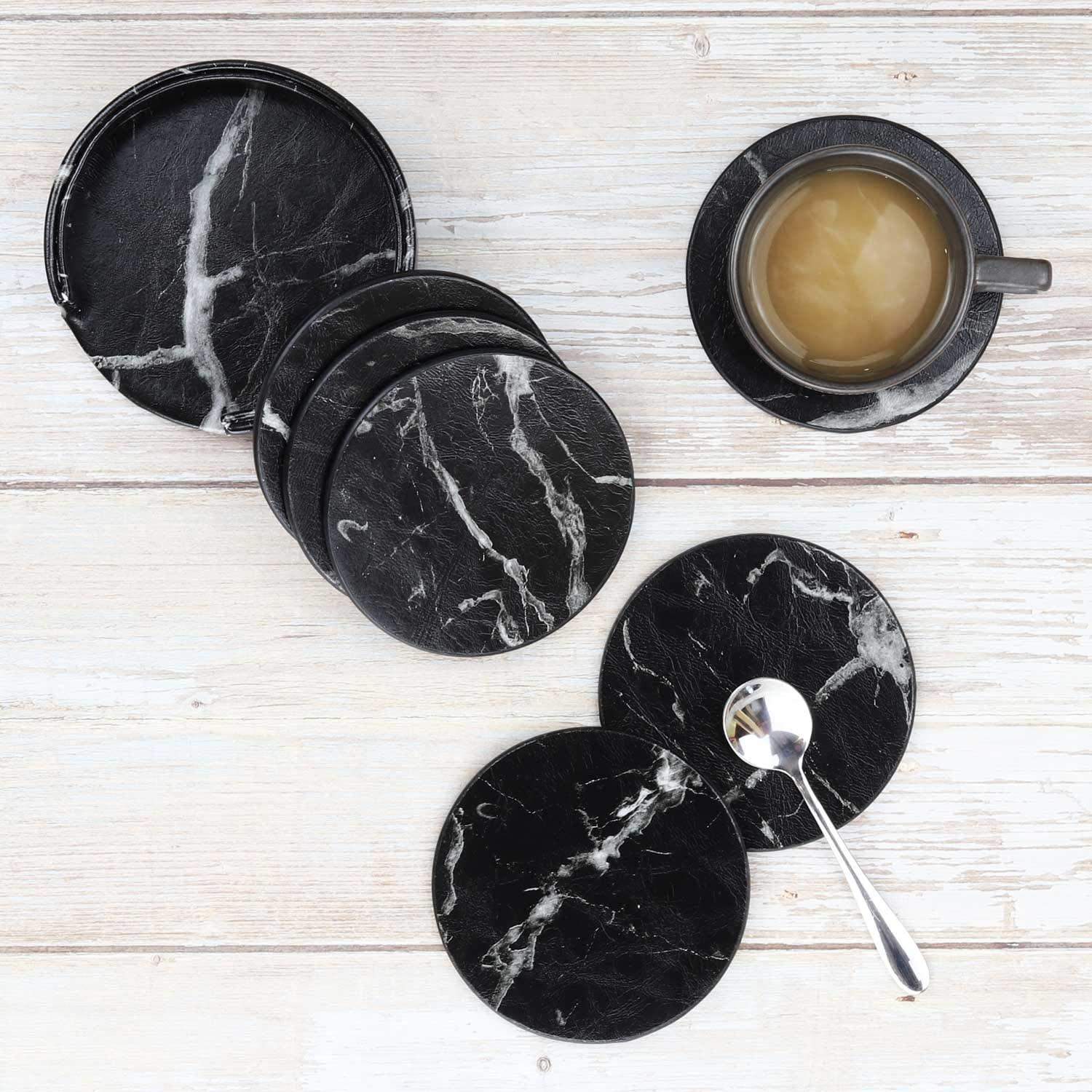 6x Coasters med Holder - Rund - Sort