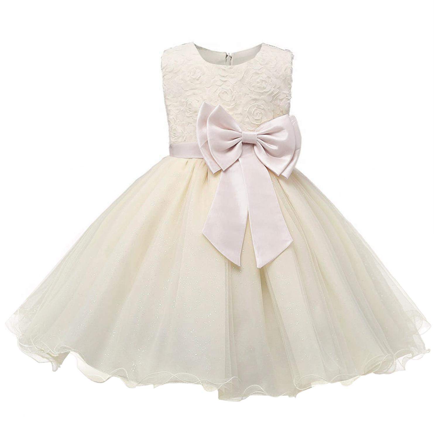 Festkjole med sløjfe og blomster - Beige