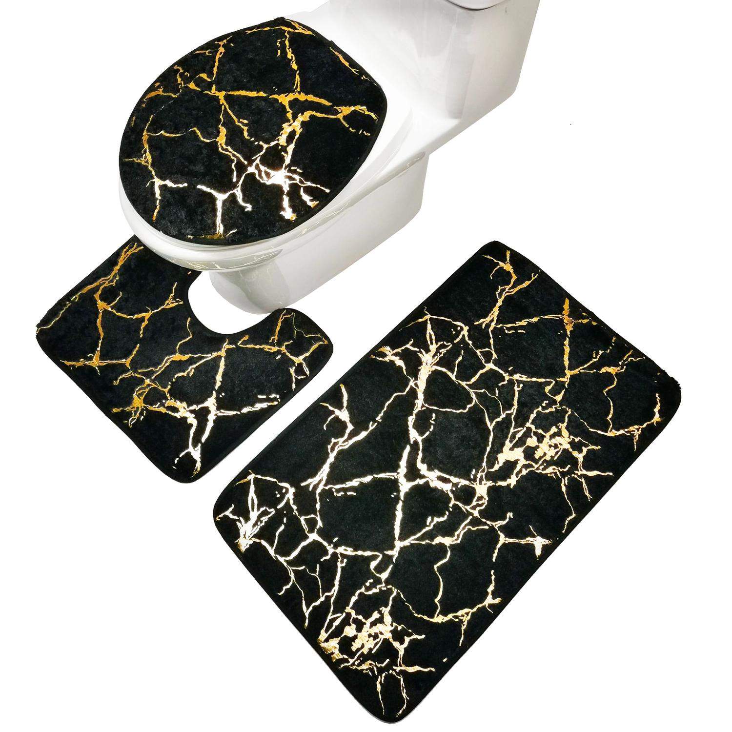 Sæt med badeværelsesmåtter, 3 stykker - sort / guld