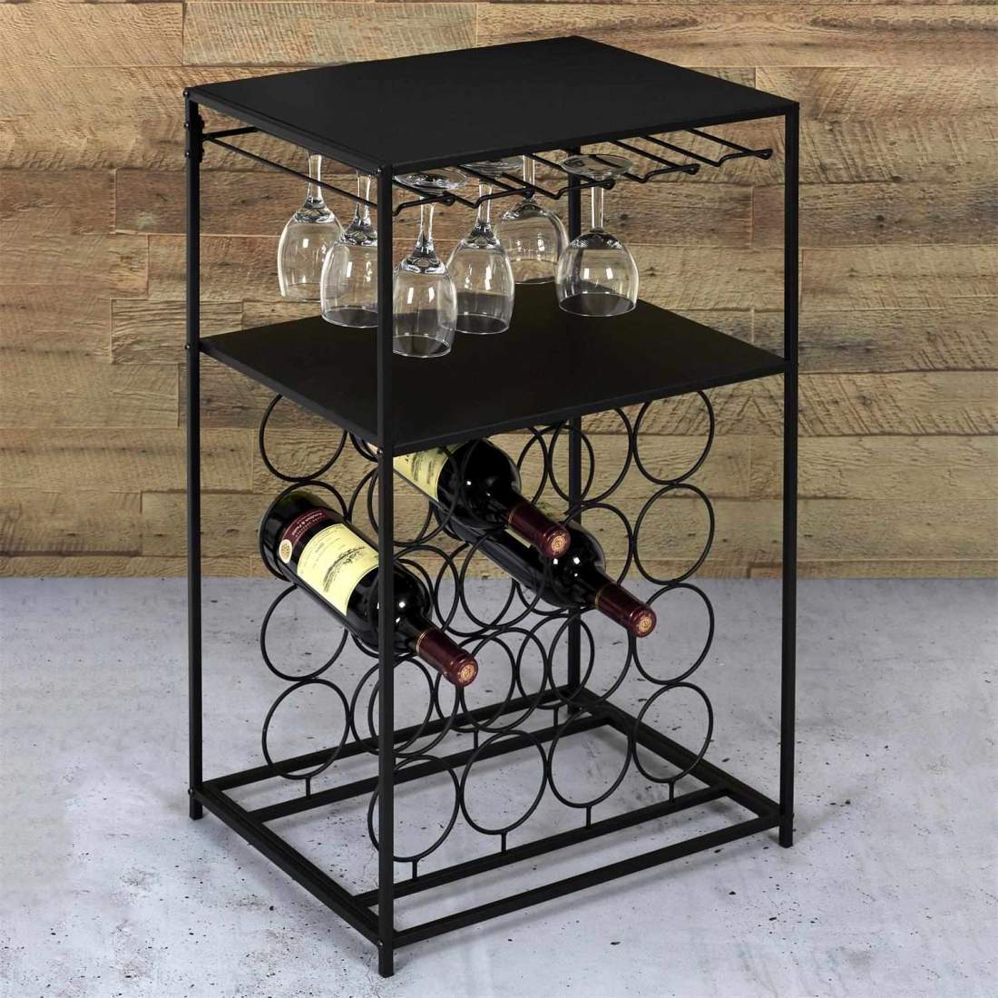 Wine Rack with Storage Shelves, Metal Black eStore