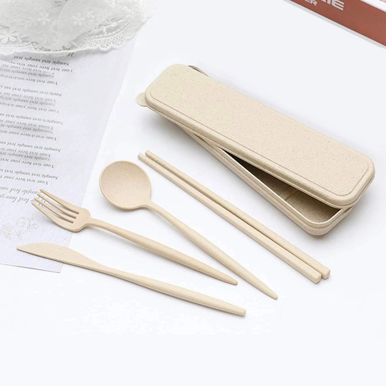 Bestiksæt med spisepinde / chopsticks og etui - Beige